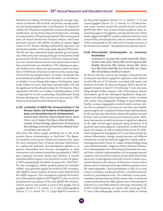 70
35th
Annual Research and Education Forum
blastomeres to undergo cell division during the cleavage stages,
and for ectodermal cells to divide and produce enough epider-
mal and neural progenitors later in development. To understand
whethertheTHproteinisregulatedbycovalentposttranslational
modifications, we have been using several approaches, including
massspectrometry.THimmunoprecipitates(IPs)wereprepared
from cell extracts derived from Xenopus embryos, which were
previously injected with mRNA encoding an epitope-tagged
version of TH. Western Blotting confirmed the expression and
immunoprecipitation of the exogenously expressed TH protein.
The IPs were then subjected to polyacrylamide gel electropho-
resis, followed by silver staining of the gel. Several protein bands
present in the TH IPs, but absent in IPs from uninjected embr-
yos, were excised and processed for mass spectrometry. Some of
these protein bands were identified as TH, validating our appro-
ach. Furthermore, in these mass spectrometry analyses we found
that in TH IPs from cell extracts of embryos at the neurula stage,
Ser431of TH was phosphorylated. To further characterize this
posttranslational modification that TH suffers, we will determi-
ne whether it occurs during other stages of development, where
in the embryo it occurs, what kinase phosphorylates TH, and
the significance of this phosphorylation for TH function. These
experiments will allow us to address if phosphorylation of TH
is important for its role in promoting cell proliferation during
Xenopus development. This research was sponsored by UPR-
Humacao Intramural Funds for Research Program.
A-148	 Localization of BgNPY-like Immunoreactivity in the
Nervous System and Periphery of Biomphalaria gla-
brata, an Intermediate Host for Schistosomiasis
	 Solymar Rolón Martínez, Nadia Delgado Rivera, Grace
Torres, Lee O. Vaasjo, Elsie Rivera, Mark W. Miller
	 Institute of Neurobiology, Department of Anatomy &
Neurobiology University of Puerto Rico Medical Scien-
ces Campus, San Juan, PR
More than 200 million people worldwide live at risk of the
parasitic disease schistosomiasis, or “snail fever”. The digene-
tic trematode worm species Schistosoma mansoni that causes
the most widespread form of human intestinal schistosomia-
sis, employs the freshwater snail Biomphalaria glabrata as its
primary intermediate host. Previous investigations in other
schistosome-snail systems, showed that neuropeptide Y (NPY)
gene expression increased during snail infection. A recently
submitted mRNA sequence was reported to encode a B. glabra-
ta NPY prepropeptide (GenBank Accession No.: JX013957).
For this investigation, affinity purified polyclonal antibodies
(rabbit) were generated against the predicted NPY neuropep-
tide (BgNPY; amino terminus 20 amino acids) deduced from
the mRNA sequence. This investigation explored the localiza-
tion of Biomphalaria glabrata NPY (BgNPY) in the central and
peripheral nervous systems of the snail. BgNPY-like immuno-
reactive neurons were present in most central ganglia; buccal
ganglion (dorsal: 9 ± 2, ventral: 3 ± 1) and cerebral ganglion
(dorsal: 17 ± 2, ventral: 19 ± 7). Larger BgNPY-li neurons in
the left parietal ganglion (dorsal: 14 ± 5, ventral: 7 ± 4), and
visceral ganglion (dorsal: 23 ± 3, ventral: 12 ± 6) had promi-
nent axons oriented toward the parietal-visceral connective.
BgNPY-like fibers were located around peripheral tissue su-
rrounding organs in the digestive and reproductive tract. These
results suggest that BgNPY could be involved in behaviors such
as food intake and reproduction, and are consistent with a role
of this neuropeptide in the redirection of energy resources in
the Schistosoma mansoni - Biomphalaria host-parasite system.
A-149	 Stress-Induded Cardiomyopathy: an Uncommon
Presentation
	 Emmanuel O. Gonzalez MD, Jacobo Loyola MD, Marie-
lly Sierra MD, Javier Ramos MD, Ivonne Figueroa MD,
Rodolfo Estremera MD, Antonio Orraca MD, Yanira
Arce MD, Pedro Rosa MD, Jose Torres MD, Jose Suarez
MD. VA Caribbean Healthcare System
An 60 year-old man came to the emergency department due
to chest pain described as epigastric, oppressive, with radiation
towards left arm, 8/10 intensity, associated with nausea and
shortness of breath. An electrocardiogram (ECG) showed ST
segment elevation in leads V1-V5 with deep T wave inversions
along elevated cardiac enzymes. Left ventriculogram showed
anterolateral, apical and inferoapical hypokinesia along ante-
robasal and inferoapical basal hyperkinesis which correlated
with cardiac echocardiographic findings of apical ballooning.
Further coronary angiography revealed normal coronary arte-
ries. He was admitted to coronary care unit where upon further
questioning,healsocomplainedofintermittentabdominalpain
for the last three days described as sharp with radiation towards
his back, with associated nauseas and vomits post meals. Abdo-
minal examination revealed tenderness at superficial palpation
on the right and left upper quadrants along tenderness of all
quadrants upon deep palpation. Laboratories revealed elevated
lipase and amylase, as well as marked leukocytosis. An abdo-
minal computerized tomography (CT) scan demonstrated sig-
nificant inflammatory changes around pancreas and different
attenuations around tail and body suggestive of edema and ne-
crotizing pancreatitis. Based on cardiac workup findings along
acute abdominal insult, a diagnosis of Stress-Induced (Takotsu-
bo) Cardiomyopathy due to Necrotizing Pancreatitis was asses-
sed. Stress-induced cardiomyopathy is an increasingly reported
syndrome characterized by transient systolic dysfunction of the
apical and/or mid segments of the left ventricle. It mimics myo-
cardial infarction in the absence of obstructive coronary artery
disease and it is characterized by apical ballooning observed on
left ventriculography. Clinical presentation is that of an acute
coronary syndrome, usually preceded by a stressful emotional,
medical or psychological event. The syndrome occurs predo-
minantly in postmenopausal elderly women after an emotional
or physical stressful event. Although the cause of this disorder is
unknown, it is most likely related to adrenergic stimulation. Up
to 88% of affected patients are women with a mean age of 58-
77 years. Echocardiography usually reveals mildly to severely
4-Abstracts Foro 2015.indd 70 3/24/2015 2:17:08 PM
 