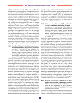 73
35th
Annual Research and Education Forum
pediatric conditions such as colic, reflux or bronchiolitis. The
incidence of ALCAPA is estimated at 1/300,000 live births com-
prising between 0.24% and 0.46% of congenital cardiac diseases.
A 16-month-old male was evaluated at the emergency room of
a private community hospital of the metropolitan area due to
respiratory distress, cough and clear nasal discharge of one day
of evolution. The chest x-ray showed cardiomegaly for which an
echocardiogram was performed. The diagnosis of ALCAPA ano-
maly was made with an ejection fraction of 30%, left ventricle
and atrial enlargement, and a dilated right coronary artery. He
was treated for cardiac failure. A chest computed tomography
angiogram was done confirming the diagnosis. Patient was trans-
ferred to a cardiovascular center were a surgical procedure was
performed to correct the anomaly. ALCAPA is a rare congenital
abnormality, unusually found in an asymptomatic patient. In this
case, the clinical presentation was due to a large RCA providing
a brisk collateral supply to the left coronary system. Our patient’s
uniqueness is his young age and the lack of cardiac symptomato-
logy previous to this respiratory illness. This condition if left un-
treated after the first year of life has a mortality of 90% secondary
tomyocardialischemiaorinfarction,andmitralvalveinsufficien-
cy leading to congestive heart failure and eventually death.
A-156	 Urban River Pollutants Impact Behavior and Locomo-
tion of Freshwater Prawn Macrobrachium Rosenbergii
	 Ana I. Ortiz1,2,3
, Maite del Valle4
, Luis Rodríguez5
, Ma-
ría A. Sosa1,2,3
. 1
University of Puerto Rico, School of
Medicine, Medical Sciences Campus; 2
Institute of
Neurobiology; 3
Puerto Rico Center for Environmental
Neuroscience; 4
University of Puerto Rico, Río Piedras
Campus; 5
University of Puerto Rico, Arecibo Campus
Urbanism and anthropogenic activities are two common varia-
bles related to increase in river ecosystem pollution. Impact stu-
dies of emerging contaminants have often focused on effects on
endocrine and reproductive function of aquatic fauna, yet little
is known about how contaminants associated with the process
of urbanization, such as phthalates and heavy metals, may affect
an animal´s nervous system and the behaviors it controls. Our
study looks at effects of phthalates and heavy metals found in
urban river on agonistic behavior and locomotion patterns in a
farm-grown freshwater prawn, Macrobrachium rosenbergii. We
monitored agonistic behaviors and locomotion before and af-
ter injection into the animal´s hemolymph sinus of 0.006 ppm
dibutyl phthalate (DBP) or 0.207 ppm manganese (Mn). Be-
haviors were evaluated by quantifying six parameters observed
during interactions amongst pairs. ViewPoint, a recording and
movement tracking software, was employed to assess locomo-
tion patterns. Results show no significant changes (p>0.05) in
dominance or aggression levels during agonistic interactions, nor
on locomotion speed and distance travelled in prawns injected
with DBP or Mn. However, prawns injected with DBP or Mn ex-
plored more the center of the open field in the observation tank,
when compared with animals injected with saline. This change
in pattern of movement can increase the risk of becoming an easy
prey. We now plan to determine the effects these contaminants
have on central nervous system protein expression. These types
of studies are a means to start applying the tools of modern neu-
roscience to ecological problems of local and global significan-
ce. This study was supported by National Science Foundation
(NSF) HRD-1137725 CREST, and National Institutes of Health
(NIH) MBRS SCORE SC3GM084763. The authors have de-
clared that no conflict of interest exists.
A-157	 Xylazine as a Drug of Abuse: Toxic Effects to Endothe-
lial Cells in Combination with Cocaine and Heroin
	 LA Silva Torres1,2
, C Vélez3
, J Vargas Vidot4
, JG Ortiz1
, B
Zayas1,3
. 1
University of Puerto Rico, Pharmacology and
Toxicology Department, School of Medicine, Medical
Science Campus; 2
Puerto Rico Institute of Forensic
Science; 3
Universidad Metropolitana, School of Envi-
ronmental Affairs, San Juan, PR; 4
Iniciativa Comunita-
ria, San Juan, PR
Background: Xylazine use as a drug of abuse, in Puerto Rico and
worldwide, and its combination with cocaine and/or heroin has
increase in recent years. FDA approves Xylazine for animal use
only. Clinical findings reported that xylazine users presented
limb skin lesions, ulcerations and greater physiological deterio-
ration than heroin users only. The aim of this study was to assess
xylazine cytotoxicity on endothelial cells, as this is the first tissue
affected upon administration. Methods: Human umbilical vein
endothelial cells in culture were treated with xylazine, cocaine,
heroin and their combinations from 10 nM to 400 μM at 24, 48
and 72 hours exposure periods. IC50 was determined applying
a fluorometric assay for viability determination. Annexin V and
activation of caspases (8 and 9) assays was implemented in order
to determine cell death mechanism. Results: Results indicated
IC50 values at 24 hours as follow: xylazine 62 μM, cocaine 202
μM, heroin 278 μM and the combination of the three drugs 55
μM. Similar IC50s was observed at 48 and 72 hours. The An-
nexin V positive results and positive activation of caspases 8
and 9 strongly suggest apoptosis as the cell death mechanism.
Conclusions: The study demonstrated that xylazine inhibits en-
dothelial cell proliferation at lower concentrations than cocaine
and heroin. These findings support that xylazine use increase co-
caine and heroin toxicity when used in combination, and induce
apoptotic cell death by. Acknowledgements: This project was su-
pported by National Institute of General Medical Science grants
(5P20GM103475), from the National Institutes of Health.
A-158	 Niveles de Conocimientos y Actitudes de los Profe-
sionales de Enfermería en el Manejo y la Promoción
del Amamantamiento en Madres con Cesárea
	 Yailyn De Jesús Maldonado RN, MSN, Carmen L.
Madera Ayala RN, DNS. Universidad de Puerto Rico
Recinto de Ciencias Medicas
Antecedentes: La leche materna cumple con características nu-
tricionales que protegen contra enfermedades, promueve el cre-
cimiento y desarrollo saludable del bebé. Dada la continuidad
5-Abstracts Foro 2015.indd 73 3/24/2015 2:13:47 PM
 
