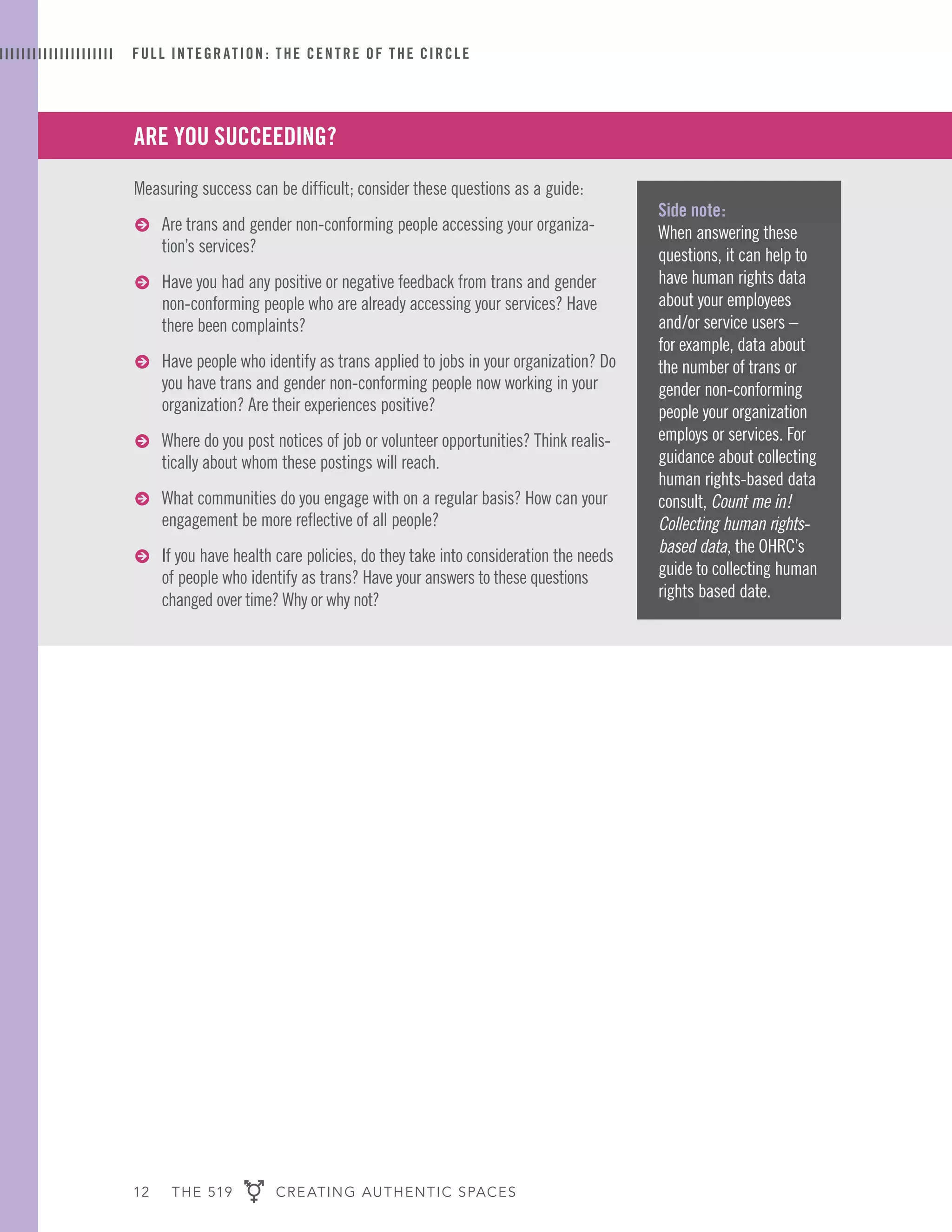 12 THE 519 CREATING AUTHENTIC SPACES
ARE YOU SUCCEEDING?
Measuring success can be difficult; consider these questions as a guide:
ɅɅ Are trans and gender non-conforming people accessing your organiza-
tion’s services?
ɅɅ Have you had any positive or negative feedback from trans and gender
non-conforming people who are already accessing your services? Have
there been complaints?
ɅɅ Have people who identify as trans applied to jobs in your organization? Do
you have trans and gender non-conforming people now working in your
organization? Are their experiences positive?
ɅɅ Where do you post notices of job or volunteer opportunities? Think realis-
tically about whom these postings will reach.
ɅɅ What communities do you engage with on a regular basis? How can your
engagement be more reflective of all people?
ɅɅ If you have health care policies, do they take into consideration the needs
of people who identify as trans? Have your answers to these questions
changed over time? Why or why not?
Side note:
When answering these
questions, it can help to
have human rights data
about your employees
and/or service users –
for example, data about
the number of trans or
gender non-conforming
people your organization
employs or services. For
guidance about collecting
human rights-based data
consult, Count me in!
Collecting human rights-
based data, the OHRC’s
guide to collecting human
rights based date.
FULL INTEGRATION : THE CENTRE OF THE CIRCLE
 