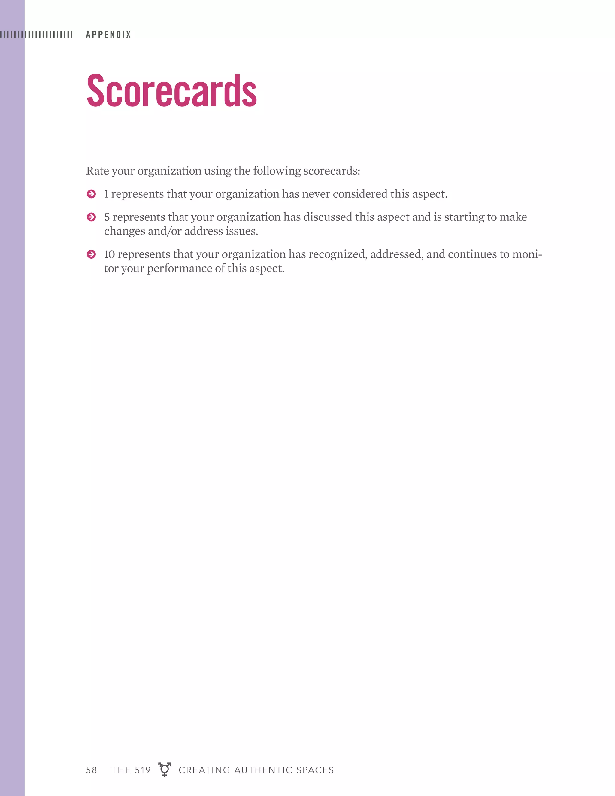58 THE 519 CREATING AUTHENTIC SPACES
APPENDIX
Scorecards
Rate your organization using the following scorecards:
ɅɅ 1 represents that your organization has never considered this aspect.
ɅɅ 5 represents that your organization has discussed this aspect and is starting to make
changes and/or address issues.
ɅɅ 10 represents that your organization has recognized, addressed, and continues to moni-
tor your performance of this aspect.
 