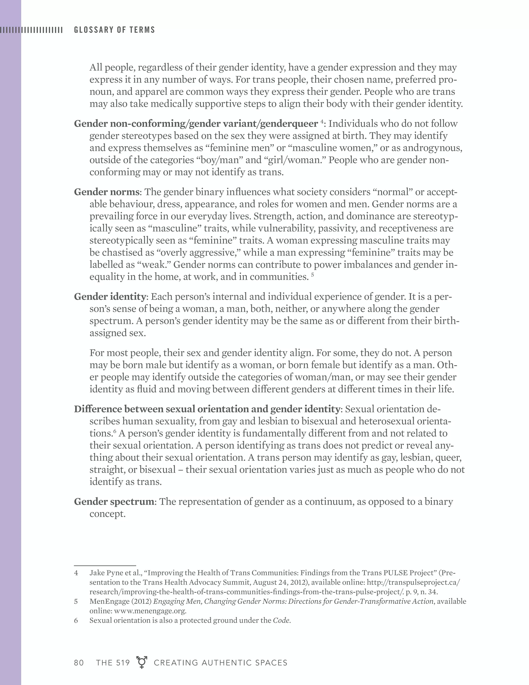 80 THE 519 CREATING AUTHENTIC SPACES
GLOSSARY OF TERMS
	 All people, regardless of their gender identity, have a gender expression and they may
express it in any number of ways. For trans people, their chosen name, preferred pro-
noun, and apparel are common ways they express their gender. People who are trans
may also take medically supportive steps to align their body with their gender identity.
Gender non-conforming/gender variant/genderqueer 4
: Individuals who do not follow
gender stereotypes based on the sex they were assigned at birth. They may identify
and express themselves as “feminine men” or “masculine women,” or as androgynous,
outside of the categories “boy/man” and “girl/woman.” People who are gender non-
conforming may or may not identify as trans.
Gender norms: The gender binary influences what society considers “normal” or accept-
able behaviour, dress, appearance, and roles for women and men. Gender norms are a
prevailing force in our everyday lives. Strength, action, and dominance are stereotyp-
ically seen as “masculine” traits, while vulnerability, passivity, and receptiveness are
stereotypically seen as “feminine” traits. A woman expressing masculine traits may
be chastised as “overly aggressive,” while a man expressing “feminine” traits may be
labelled as “weak.” Gender norms can contribute to power imbalances and gender in-
equality in the home, at work, and in communities. 5
Gender identity: Each person’s internal and individual experience of gender. It is a per-
son’s sense of being a woman, a man, both, neither, or anywhere along the gender
spectrum. A person’s gender identity may be the same as or different from their birth-
assigned sex.
	 For most people, their sex and gender identity align. For some, they do not. A person
may be born male but identify as a woman, or born female but identify as a man. Oth-
er people may identify outside the categories of woman/man, or may see their gender
identity as fluid and moving between different genders at different times in their life.
Difference between sexual orientation and gender identity: Sexual orientation de-
scribes human sexuality, from gay and lesbian to bisexual and heterosexual orienta-
tions.6
A person’s gender identity is fundamentally different from and not related to
their sexual orientation. A person identifying as trans does not predict or reveal any-
thing about their sexual orientation. A trans person may identify as gay, lesbian, queer,
straight, or bisexual – their sexual orientation varies just as much as people who do not
identify as trans.
Gender spectrum: The representation of gender as a continuum, as opposed to a binary
concept.
4	 Jake Pyne et al., “Improving the Health of Trans Communities: Findings from the Trans PULSE Project” (Pre-
sentation to the Trans Health Advocacy Summit, August 24, 2012), available online: http://transpulseproject.ca/
research/improving-the-health-of-trans-communities-findings-from-the-trans-pulse-project/. p. 9, n. 34.
5	 MenEngage (2012) Engaging Men, Changing Gender Norms: Directions for Gender-Transformative Action, available
online: www.menengage.org.
6	 Sexual orientation is also a protected ground under the Code.
 