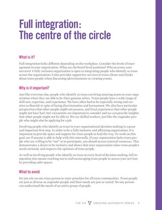 THE 519 CREATING AUTHENTIC SPACES 9
Full integration:
The centre of the circle
What is it?
Full integration looks different depending on the workplace. Consider the levels of man-
agement in your organization. What are the board level positions? Who accesses your
services? A fully inclusive organization is open to integrating people who identify as trans
across the organization; it also provides supportive services to trans clients and thinks
about trans people when discussing advertisements or creating events.
Why is it important?
Just like everyone else, people who identify as trans can bring amazing assets to your orga-
nization when they are able to be their genuine selves. Trans people have a wide range of
skill sets, expertise, and experience. We have often had to be especially strong and cre-
ative to flourish in spite of facing discrimination and harassment. We also have particular
perspectives that other people might not possess, and lived experiences that other people
might not have had. Our viewpoints are important to consider and we can provide insights
that other people might not be able to. We are skilled workers, just like the cisgender peo-
ple who might also be applying for a job.
Involving people who identify as trans in your organizational decision-making is a great
and important first step. In order to be a fully inclusive and affirming organization, it is
important to provide space and support for trans people to lead the way. To work on this
goal, see if anyone is able to help with this internally. If your organization lacks trans peo-
ple who are willing to be “out” or to participate, you should access external resources. This
demonstrates a desire to be inclusive and shows that your organization takes trans people’s
needs seriously and respects the opinions of trans people.
As well as involving people who identify as trans at every level of decision-making, full in-
tegration also means reaching out to and encouraging trans people to access your services
by providing safer spaces.
What to avoid
Do not rely on one trans person to voice priorities for all trans communities. Trans people
are just as diverse as cisgender people and their needs are just as varied. No one person
can understand the needs of an entire group of people.
 