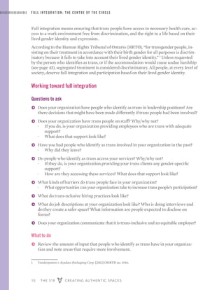 10 THE 519 CREATING AUTHENTIC SPACES
FULL INTEGRATION : THE CENTRE OF THE CIRCLE
Full integration means ensuring that trans people have access to necessary health care, ac-
cess to a work environment free from discrimination, and the right to a life based on their
lived gender identity and expression.
According to the Human Rights Tribunal of Ontario (HRTO), “for transgender people, in-
sisting on their treatment in accordance with their birth gender for all purposes is discrim-
inatory because it fails to take into account their lived gender identity.” 1
Unless requested
by the person who identifies as trans, or if the accommodation would cause undue hardship
(see page 45), segregated treatment is considered discriminatory. All people, at every level of
society, deserve full integration and participation based on their lived gender identity.
1	 Vanderputten v. Seydaco Packaging Corp. [2012] OHRTD no. 1946.
Working toward full integration
Questions to ask
ɅɅ Does your organization have people who identify as trans in leadership positions? Are
there decisions that might have been made differently if trans people had been involved?
ɅɅ Does your organization have trans people on staff? Why/why not?
·· If you do, is your organization providing employees who are trans with adequate
support?
·· What does that support look like?
ɅɅ Have you had people who identify as trans involved in your organization in the past?
·· Why did they leave?
ɅɅ Do people who identify as trans access your services? Why/why not?
·· If they do, is your organization providing your trans clients any gender-specific
support?
·· How are they accessing these services? What does that support look like?
ɅɅ What kinds of barriers do trans people face in your organization?
·· What opportunities can your organization take to increase trans people’s participation?
ɅɅ What do trans-nclusive hiring practices look like?
ɅɅ What do job descriptions at your organization look like? Who is doing interviews and
do they create a safer space? What information are people expected to disclose on
forms?
ɅɅ Does your organization communicate that it is trans-inclusive and an equitable employer?
What to do
ɅɅ Review the amount of input that people who identify as trans have in your organiza-
tion and note areas that require more involvement.
 