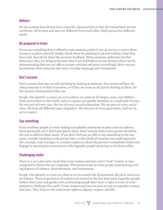 THE 519 CREATING AUTHENTIC SPACES 15
CHALLENGING PREJUDICE
Unlearn
Do not assume that all men have a specific characteristic or that all women have certain
attributes. All women and men are different from each other. Each person has different
needs.
Be prepared to listen
If you say something that is offensive and someone points it out, do not try to prove them
wrong or explain yourself. Simply thank them for pointing it out and validate what they
have said, then think about the person’s feedback. When someone addresses hurtful
behaviour, they are doing so because they trust and believe in you. Honour that trust by
demonstrating that you are able to accept criticism and grow accordingly. How can you
incorporate their comment into your everyday language and viewpoints?
Don’t assume
Don’t assume that you can tell anything by looking at someone. You cannot tell how far
along someone is in their transition, or if they are trans at all, just by looking at them. Do
not assume what pronoun they use.
People who identify as trans are everywhere; we come in all shapes, sizes, and abilities,
from everywhere in the world, and we express our gender identities in a multitude of ways.
We are part of every race. We are of every sexual orientation. We are part of every social
class. We have all different types of genders. We are part of every generation. And we de-
serve respect.
Say something
If you overhear people at work making transphobic comments or jokes and can address
them personally, do it. Don’t just ignore them. Don’t assume that a trans person should be
the one to address these issues. If you don’t feel you are able to say something in the mo-
ment, consider speaking to the person later, or else think of someone you could approach
(for example, your manager, or a senior employee) about the person’s transphobic behaviour.
Engage in meaningful conversation with cisgender people about how to be better allies.
Challenging myths
There is a very pervasive myth that trans women and men aren’t “real” women or men
compared to those who are cisgender. This notion leads to trans people experiencing vary-
ing degrees of violence, discrimination, and harassment.
People who identify as trans are often at an increased risk of emotional, physical, and sexu-
al violence. These experiences of violence are rooted in the fact that some cisgender people
believe that trans and gender non-conforming people don’t have a right to exist. It is im-
portant to challenge this myth. Trans women and men are just as real as cisgender women
and men. They deserve the same basic rights to dignity, respect, and life.
 