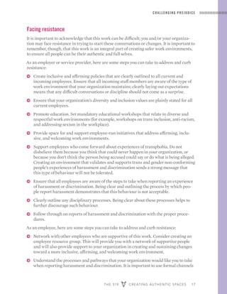 THE 519 CREATING AUTHENTIC SPACES 17
CHALLENGING PREJUDICE
Facing resistance
It is important to acknowledge that this work can be difficult; you and/or your organiza-
tion may face resistance in trying to start these conversations or changes. It is important to
remember, though, that this work is an integral part of creating safer work environments,
to ensure all people can be their authentic and full selves.
As an employer or service provider, here are some steps you can take to address and curb
resistance:
ɅɅ Create inclusive and affirming policies that are clearly outlined to all current and
incoming employees. Ensure that all incoming staff members are aware of the type of
work environment that your organization maintains; clearly laying out expectations
means that any difficult conversations or discipline should not come as a surprise.
ɅɅ Ensure that your organization’s diversity and inclusion values are plainly stated for all
current employees.
ɅɅ Promote education. Set mandatory educational workshops that relate to diverse and
respectful work environments (for example, workshops on trans inclusion, anti-racism,
and addressing sexism in the workplace).
ɅɅ Provide space for and support employee-run initiatives that address affirming, inclu-
sive, and welcoming work environments.
ɅɅ Support employees who come forward about experiences of transphobia. Do not
disbelieve them because you think that could never happen in your organization, or
because you don’t think the person being accused could say or do what is being alleged.
Creating an environment that validates and supports trans and gender non-conforming
people’s experiences of harassment and discrimination sends a strong message that
this type of behaviour will not be tolerated.
ɅɅ Ensure that all employees are aware of the steps to take when reporting an experience
of harassment or discrimination. Being clear and outlining the process by which peo-
ple report harassment demonstrates that this behaviour is not acceptable.
ɅɅ Clearly outline any disciplinary processes. Being clear about these processes helps to
further discourage such behaviour.
ɅɅ Follow through on reports of harassment and discrimination with the proper proce-
dures.
As an employee, here are some steps you can take to address and curb resistance:
ɅɅ Network with other employees who are supportive of this work. Consider creating an
employee resource group. This will provide you with a network of supportive people
and will also provide support to your organization in creating and sustaining changes
toward a more inclusive, affirming, and welcoming work environment.
ɅɅ Understand the processes and pathways that your organization would like you to take
when reporting harassment and discrimination. It is important to use formal channels
 