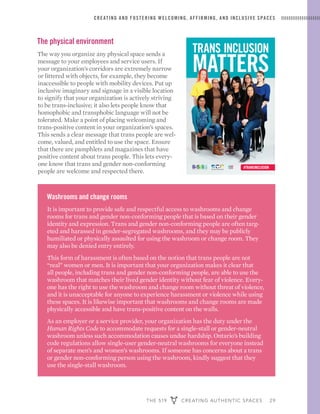 THE 519 CREATING AUTHENTIC SPACES 29
CREATING AND FOSTERING WELCOMING, AFFIRMING, AND INCLUSIVE SPACES
The physical environment
The way you organize any physical space sends a
message to your employees and service users. If
your organization’s corridors are extremely narrow
or littered with objects, for example, they become
inaccessible to people with mobility devices. Put up
inclusive imaginary and signage in a visible location
to signify that your organization is actively striving
to be trans-inclusive; it also lets people know that
homophobic and transphobic language will not be
tolerated. Make a point of placing welcoming and
trans-positive content in your organization’s spaces.
This sends a clear message that trans people are wel-
come, valued, and entitled to use the space. Ensure
that there are pamphlets and magazines that have
positive content about trans people. This lets every-
one know that trans and gender non-conforming
people are welcome and respected there.
TRANS INCLUSION
MATTERS
inspired by @stonewalluk
Rainbow Health Ontario
#TRANSINCLUSION
Design:lightupthesky.caPhotography:Tanja-Tiziana,doublecrossed.ca
MATTERS
inspired by @stonewalluk
Rainbow Health Ontario
#TRANSINCLUSION
Design:lightupthesky.caPhotography:Tanja-Tiziana,doublecrossed.ca
1938_519_TransInclusion_poster01.indd 1 2015-05-01 11:32 AM
Washrooms and change rooms
It is important to provide safe and respectful access to washrooms and change
rooms for trans and gender non-conforming people that is based on their gender
identity and expression. Trans and gender non-conforming people are often targ-
eted and harassed in gender-segregated washrooms, and they may be publicly
humiliated or physically assaulted for using the washroom or change room. They
may also be denied entry entirely.
This form of harassment is often based on the notion that trans people are not
“real” women or men. It is important that your organization makes it clear that
all people, including trans and gender non-conforming people, are able to use the
washroom that matches their lived gender identity without fear of violence. Every-
one has the right to use the washroom and change room without threat of violence,
and it is unacceptable for anyone to experience harassment or violence while using
these spaces. It is likewise important that washrooms and change rooms are made
physically accessible and have trans-positive content on the walls.
As an employer or a service provider, your organization has the duty under the
Human Rights Code to accommodate requests for a single-stall or gender-neutral
washroom unless such accommodation causes undue hardship. Ontario’s building
code regulations allow single-user gender-neutral washrooms for everyone instead
of separate men’s and women’s washrooms. If someone has concerns about a trans
or gender non-conforming person using the washroom, kindly suggest that they
use the single-stall washroom.
 