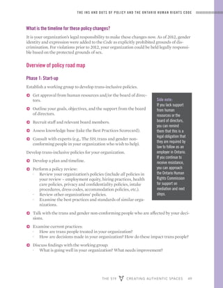 THE 519 CREATING AUTHENTIC SPACES 49
THE INS AND OUTS OF POLICY AND THE ONTARIO HUMAN RIGHTS CODE
What is the timeline for these policy changes?
It is your organization’s legal responsibility to make these changes now. As of 2012, gender
identity and expression were added to the Code as explicitly prohibited grounds of dis-
crimination. For violations prior to 2012, your organization could be held legally responsi-
ble based on the protected grounds of sex.
Overview of policy road map
Phase 1: Start-up
Establish a working group to develop trans-inclusive policies.
ɅɅ Get approval from human resources and/or the board of direc-
tors.
ɅɅ Outline your goals, objectives, and the support from the board
of directors.
ɅɅ Recruit staff and relevant board members.
ɅɅ Assess knowledge base (take the Best Practices Scorecard).
ɅɅ Consult with experts (e.g., The 519, trans and gender non-
conforming people in your organization who wish to help).
Develop trans-inclusive policies for your organization.
ɅɅ Develop a plan and timeline.
ɅɅ Perform a policy review:
·· Review your organization’s policies (include all policies in
your review – employment equity, hiring practices, health
care policies, privacy and confidentiality policies, intake
procedures, dress codes, accommodation policies, etc.).
·· Review other organizations’ policies.
·· Examine the best practices and standards of similar orga-
nizations.
ɅɅ Talk with the trans and gender non-conforming people who are affected by your deci-
sions.
ɅɅ Examine current practices:
·· How are trans people treated in your organization?
·· How are decisions made in your organization? How do these impact trans people?
ɅɅ Discuss findings with the working group:
·· What is going well in your organization? What needs improvement?
Side note:
If you lack support
from human
resources or the
board of directors,
you can remind
them that this is a
legal obligation that
they are required by
law to follow as an
employer in Ontario.
If you continue to
receive resistance,
you can approach
the Ontario Human
Rights Commission
for support on
mediation and next
steps.
 