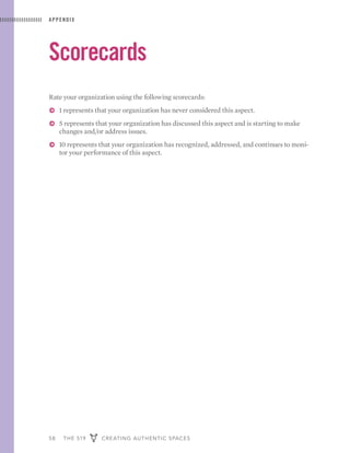 58 THE 519 CREATING AUTHENTIC SPACES
APPENDIX
Scorecards
Rate your organization using the following scorecards:
ɅɅ 1 represents that your organization has never considered this aspect.
ɅɅ 5 represents that your organization has discussed this aspect and is starting to make
changes and/or address issues.
ɅɅ 10 represents that your organization has recognized, addressed, and continues to moni-
tor your performance of this aspect.
 