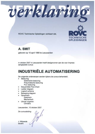 Certificate Industrial Automation A.Smit