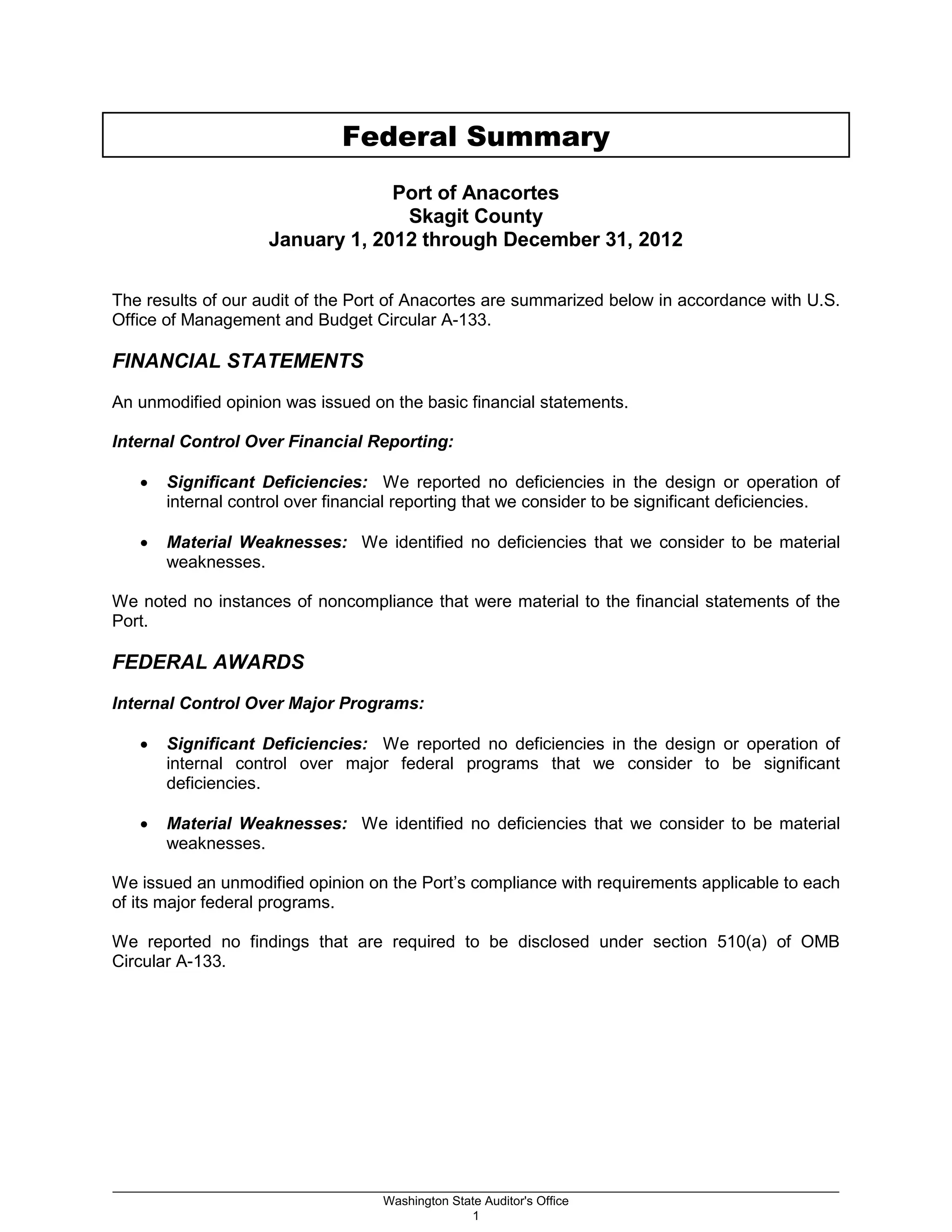 Federal Summary
Port of Anacortes
Skagit County
January 1, 2012 through December 31, 2012
The results of our audit of the Port of Anacortes are summarized below in accordance with U.S.
Office of Management and Budget Circular A-133.
FINANCIAL STATEMENTS
An unmodified opinion was issued on the basic financial statements.
Internal Control Over Financial Reporting:
• Significant Deficiencies: We reported no deficiencies in the design or operation of
internal control over financial reporting that we consider to be significant deficiencies.
• Material Weaknesses: We identified no deficiencies that we consider to be material
weaknesses.
We noted no instances of noncompliance that were material to the financial statements of the
Port.
FEDERAL AWARDS
Internal Control Over Major Programs:
• Significant Deficiencies: We reported no deficiencies in the design or operation of
internal control over major federal programs that we consider to be significant
deficiencies.
• Material Weaknesses: We identified no deficiencies that we consider to be material
weaknesses.
We issued an unmodified opinion on the Port’s compliance with requirements applicable to each
of its major federal programs.
We reported no findings that are required to be disclosed under section 510(a) of OMB
Circular A-133.
_________________________________________________________________________________________________________
Washington State Auditor's Office
1
 
