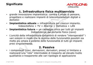 19Copyright © Antigone Consulting 20162 April 2016
AANNTTIIGGOONNEECCOONNSSUULLTTIINNGG
1. Infrastruttura fisica multiservizio
  grande innovazione impiantistica: cambia il modo di pensare,
progettare e realizzare impianti di telecomunicazioni digitali e
domotici
  Impiantistica attuale = infrastruttura per ciascun impianto.
Videocitofono + TV + Allarme + Domotica + LAN
  Impiantistica futura = un cablaggio unico per tutti gli impianti
Indipendenza dal portante fisico (cavo)
  L’unicità della infrastruttura consentirà di rendere “interoperabili” i
vari sistemi in modo che la somma delle funzionalità possibili sia
molto più ampia e potente delle funzionalità di tutti gli impianti
presi singolarmente.
2. Passiva
  i componenti (cavi, derivazioni, derivatori, prese) si limitano a
realizzare una “rete” intermodale di trasporto ad elevato livello
qualitativo e trasparente alle vari tipologie di applicazione
Significato
 