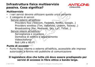 20Copyright © Antigone Consulting 20162 April 2016
AANNTTIIGGOONNEECCOONNSSUULLTTIINNGG
Multiservizio
  i vari servizi devono utilizzare questo unico portante
  2 categorie di servizi
Servizi esterni all’edificio:
Providers fissi (Telecom, Fastweb, Netflix, Google…)
Providers wireless (Tim, Vodafone, Linkem, Tooway…)
Broadcasting (Rai, Mediaset, Sky, La7, TVSat…)
Servizi interni all’edificio:
Sorveglianza e sicurezza
Domotica di edificio e appartamento
Videocitofonia
Reti LAN e WI-FI
Punto di accesso
  Punto fisico interno o esterno all’edificio, accessibile alle imprese
autorizzate a fornire reti pubbliche di comunicazione
Il legislatore dice che tutto ciò deve essere predisposto per
servizi di accesso in fibra ottica a banda larga.
Infrastruttura fisica multiservizio
passiva. Cosa significa?
 