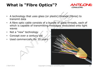 23Copyright © Antigone Consulting 20162 April 2016
AANNTTIIGGOONNEECCOONNSSUULLTTIINNGG
What is "Fibre Optics"?
  A technology that uses glass (or plastic) threads (fibres) to
transmit data
  A fibre optic cable consists of a bundle of glass threads, each of
which is capable of transmitting messages modulated onto light
waves
  Not a "new" technology
  Concept over a century old
  Used commercially for 35 years
 