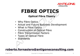 2Copyright © Antigone Consulting 20162 April 2016
AANNTTIIGGOONNEECCOONNSSUULLTTIINNGG
FIBRE OPTICS
Optical Fibre Theory
  Why Fibre Optics
  Actual and Future Business Development
  What is Fibre Optics
  Construction of Optical Fibre
  Fibre Transmission Factors
  Types of Optical Fibre
  Standards	
  	
  
 