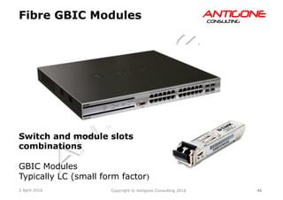45Copyright © Antigone Consulting 20162 April 2016
AANNTTIIGGOONNEECCOONNSSUULLTTIINNGG
Fibre GBIC Modules
Switch and module slots
combinations
GBIC Modules
Typically LC (small form factor)
 