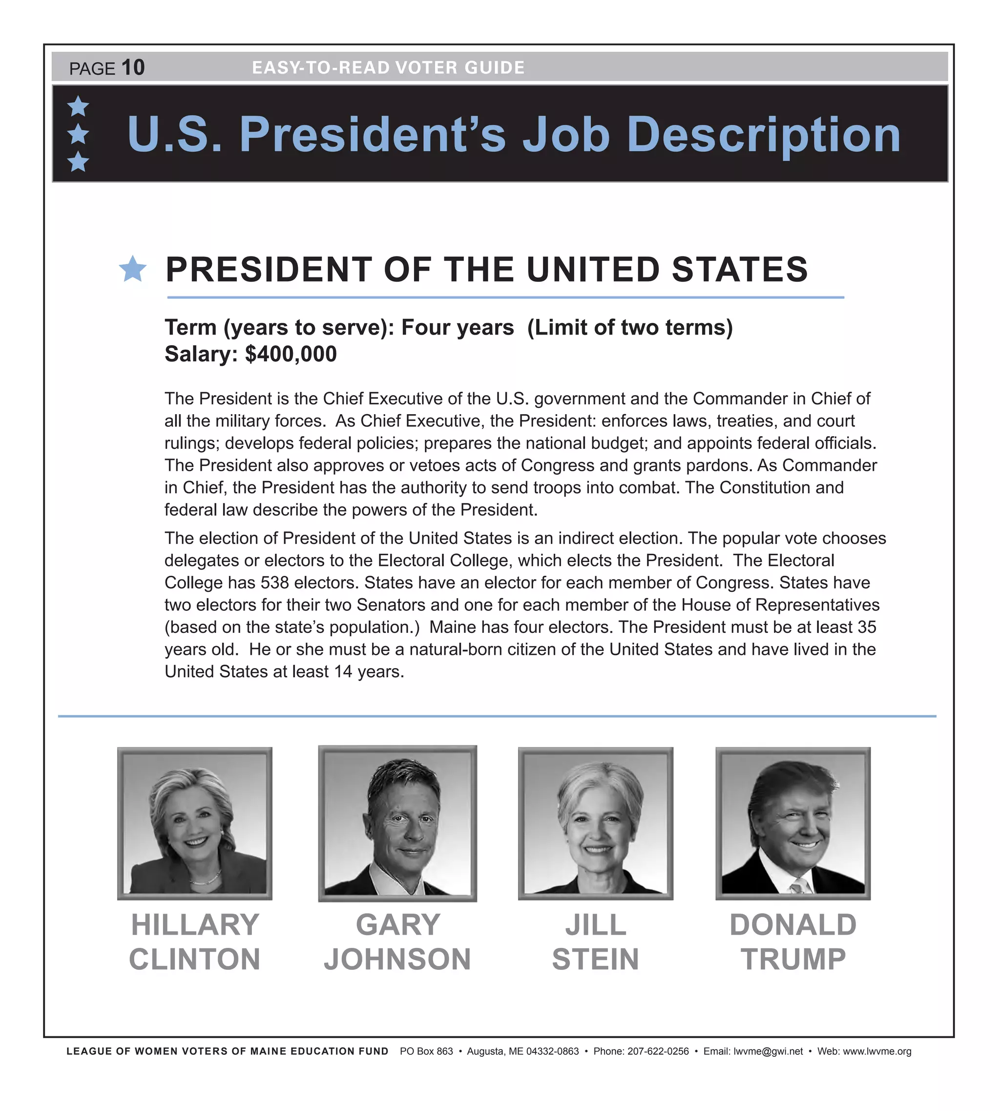 LEAGUE OF WOMEN VOTERS OF MAINE EDUCATION FUND PO Box 863 • Augusta, ME 04332-0863 • Phone: 207-622-0256 • Email: lwvme@gwi.net • Web: www.lwvme.org
PAGE 10
U.S. President’s Job Description
PRESIDENT OF THE UNITED STATES
Term (years to serve): Four years (Limit of two terms)
Salary: $400,000
The President is the Chief Executive of the U.S. government and the Commander in Chief of
all the military forces. As Chief Executive, the President: enforces laws, treaties, and court
rulings; develops federal policies; prepares the national budget; and appoints federal officials.
The President also approves or vetoes acts of Congress and grants pardons. As Commander
in Chief, the President has the authority to send troops into combat. The Constitution and
federal law describe the powers of the President.
The election of President of the United States is an indirect election. The popular vote chooses
delegates or electors to the Electoral College, which elects the President. The Electoral
College has 538 electors. States have an elector for each member of Congress. States have
two electors for their two Senators and one for each member of the House of Representatives
(based on the state’s population.) Maine has four electors. The President must be at least 35
years old. He or she must be a natural-born citizen of the United States and have lived in the
United States at least 14 years.
GARY
JOHNSON
DONALD
TRUMP
HILLARY
CLINTON
JILL
STEIN
 