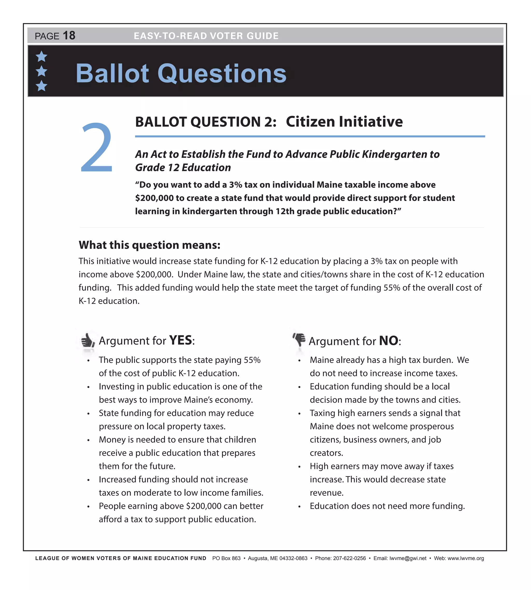 LEAGUE OF WOMEN VOTERS OF MAINE EDUCATION FUND PO Box 863 • Augusta, ME 04332-0863 • Phone: 207-622-0256 • Email: lwvme@gwi.net • Web: www.lwvme.org
Ballot Questions
2
•	 The public supports the state paying 55%
of the cost of public K-12 education.
•	 Investing in public education is one of the
best ways to improve Maine’s economy.
•	 State funding for education may reduce
pressure on local property taxes.
•	 Money is needed to ensure that children
receive a public education that prepares
them for the future.
•	 Increased funding should not increase
taxes on moderate to low income families.
•	 People earning above $200,000 can better
afford a tax to support public education.
Argument for YES: Argument for NO:
•	 Maine already has a high tax burden. We
do not need to increase income taxes.
•	 Education funding should be a local
decision made by the towns and cities.
•	 Taxing high earners sends a signal that
Maine does not welcome prosperous
citizens, business owners, and job
creators.
•	 High earners may move away if taxes
increase. This would decrease state
revenue.
•	 Education does not need more funding.
What this question means:
This initiative would increase state funding for K-12 education by placing a 3% tax on people with
income above $200,000. Under Maine law, the state and cities/towns share in the cost of K-12 education
funding. This added funding would help the state meet the target of funding 55% of the overall cost of
K-12 education.
PAGE 18
An Act to Establish the Fund to Advance Public Kindergarten to
Grade 12 Education
“Do you want to add a 3% tax on individual Maine taxable income above
$200,000 to create a state fund that would provide direct support for student
learning in kindergarten through 12th grade public education?”
BALLOT QUESTION 2: Citizen Initiative
 