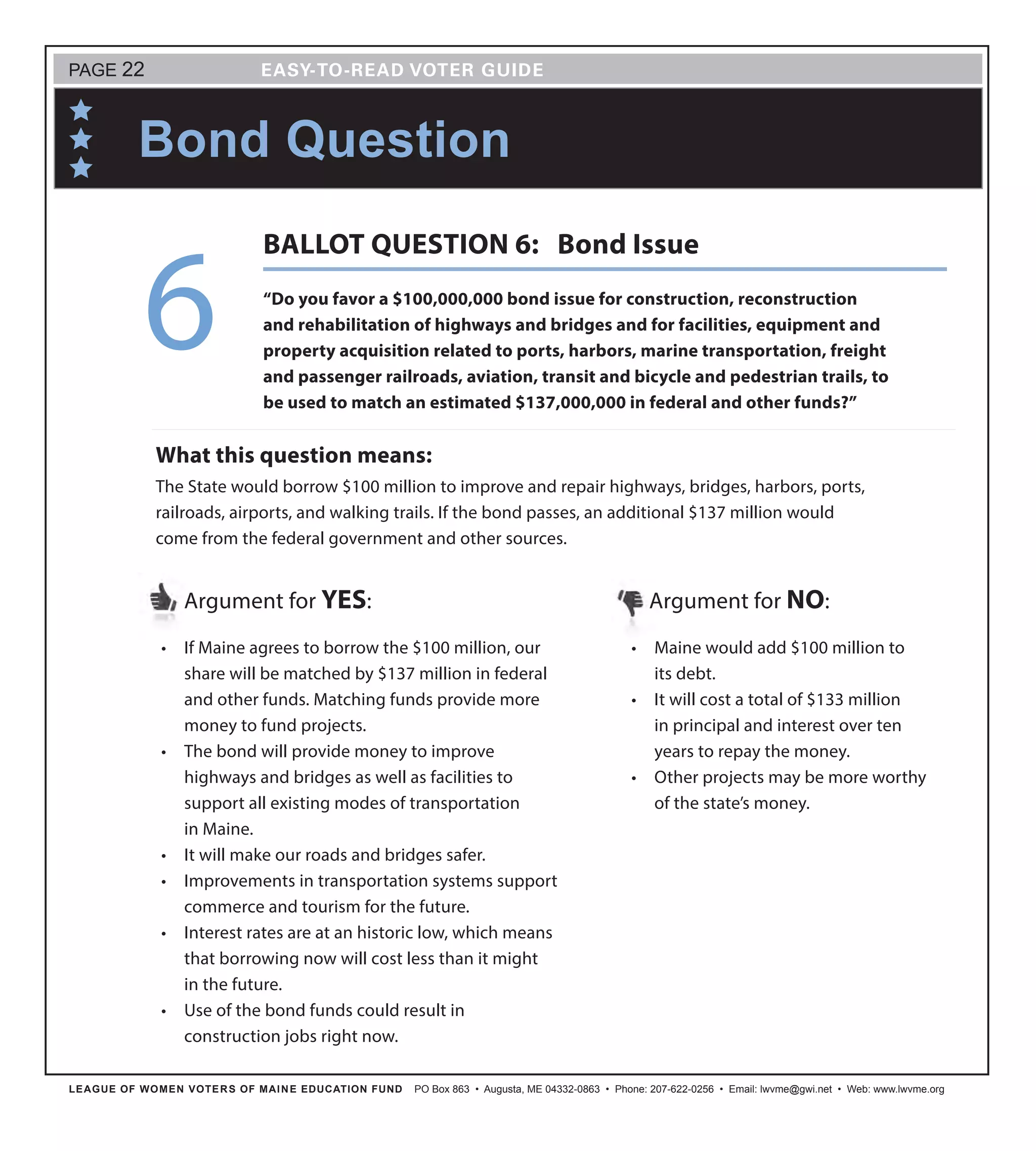 LEAGUE OF WOMEN VOTERS OF MAINE EDUCATION FUND PO Box 863 • Augusta, ME 04332-0863 • Phone: 207-622-0256 • Email: lwvme@gwi.net • Web: www.lwvme.org
•	 If Maine agrees to borrow the $100 million, our
share will be matched by $137 million in federal
and other funds. Matching funds provide more
money to fund projects.
•	 The bond will provide money to improve
highways and bridges as well as facilities to
support all existing modes of transportation
in Maine.
•	 It will make our roads and bridges safer.
•	 Improvements in transportation systems support
commerce and tourism for the future.
•	 Interest rates are at an historic low, which means
that borrowing now will cost less than it might
in the future.
•	 Use of the bond funds could result in
construction jobs right now.
Argument for YES: Argument for NO:
•	 Maine would add $100 million to
its debt.
•	 It will cost a total of $133 million
in principal and interest over ten
years to repay the money.
•	 Other projects may be more worthy
of the state’s money.
What this question means:
The State would borrow $100 million to improve and repair highways, bridges, harbors, ports,
railroads, airports, and walking trails. If the bond passes, an additional $137 million would
come from the federal government and other sources.
Bond Question
PAGE 22
“Do you favor a $100,000,000 bond issue for construction, reconstruction
and rehabilitation of highways and bridges and for facilities, equipment and
property acquisition related to ports, harbors, marine transportation, freight
and passenger railroads, aviation, transit and bicycle and pedestrian trails, to
be used to match an estimated $137,000,000 in federal and other funds?”
BALLOT QUESTION 6: Bond Issue
6
 