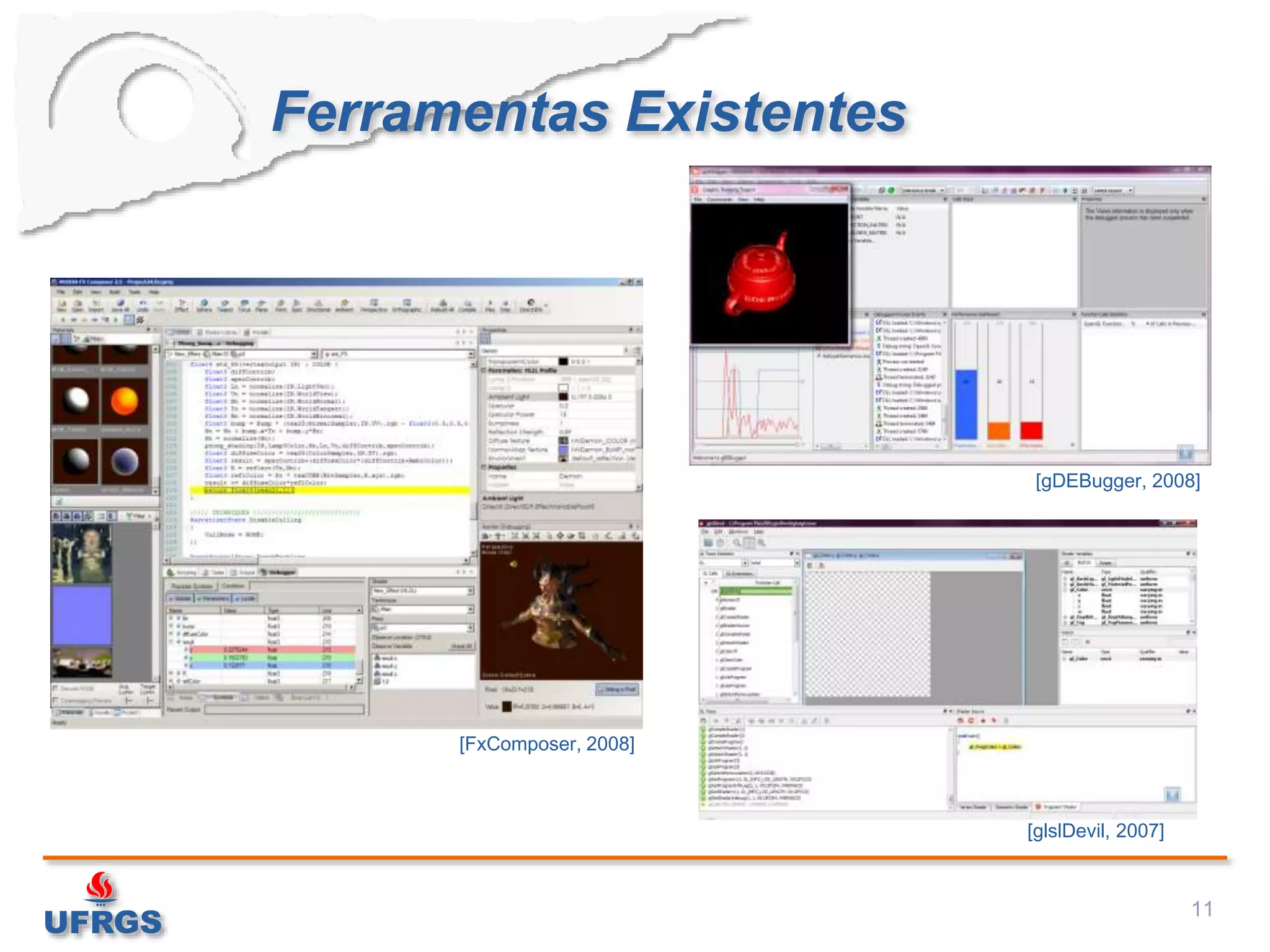 Ferramentas Existentes
11
[gDEBugger, 2008]
[FxComposer, 2008]
[glslDevil, 2007]
 