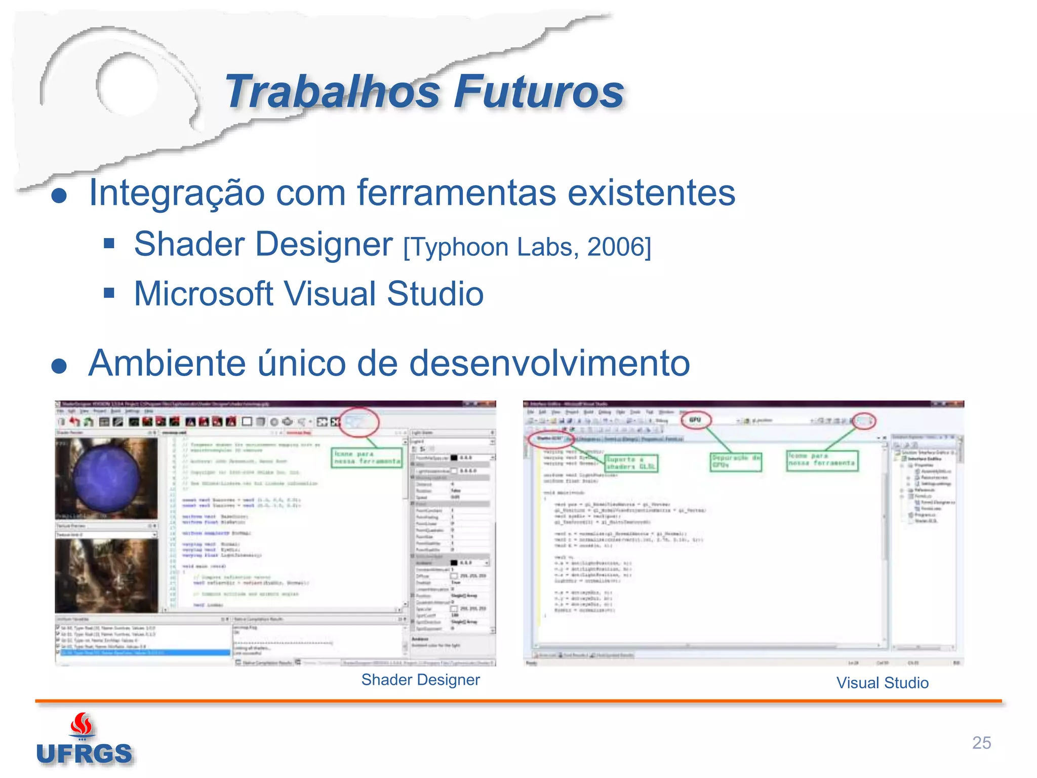 Trabalhos Futuros
 Integração com ferramentas existentes
 Shader Designer [Typhoon Labs, 2006]
 Microsoft Visual Studio
 Ambiente único de desenvolvimento
25
Shader Designer Visual Studio
 