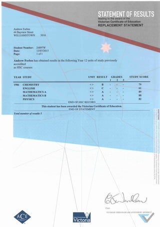STATEMENT OF RESULTS
tfv. foil !^(B|'I|I;-:!
Andrew Forbes
44 Bayview Street
WBLLIAMSTOWN 3016,
Student Number: 24897W
Date: 13/07/2015
Page: 1 of 1

Andrew Forbes has obtained results m the following Year 12 units of study previously
accredited
as HSC courses:
YEAR STUDY UNIT
<>
0
0<>
0
RESULT
B
c
A
A
GRADES
1 2 3
<;:-~— -_ ~
STUDY SCORE
79
61
89
88
82
1986 CHEMISTRY
ENGLISH
MATHEMATICS A
MATHEMATICS B
PHYSICS
END OFHSC RECORD
This student has been awarded the Victorian Certificate of Education.!
END OF STATEMENT I
Total number of results 5
ill
rACE
Victoria
'^r'
Chair
VICTORIAN CURBICULUM AilD ASSESSMEHT AUTHORITY
 