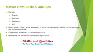 Market View: Skills & Qualities
 Manage
 Change,
 Business,
 Others and
 Self
 Demonstrate curiosity and a willingness to learn, the willingness to challenge the status quo,
and learn from practice.
 Everything is embedded in the learning attitude.
 Understand the values which govern an organization
 