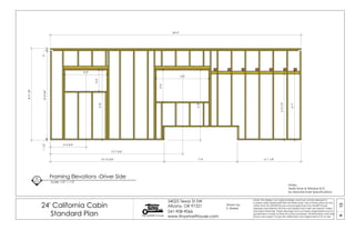 13A
24' California Cabin
Standard Plan Tiny SMART House
34025 Texas St SW
Albany, OR 97321
541-908-9066
www.tinysmarthouse.com
Note: This design is an original design and must not be released or
copied unless applicable fee has been paid. Use of these plans by any
other than Tiny SMART House or purchased from Tiny SMART House
releases and relieves TSH from any liability from their use thereof. Unless
stamped otherwise, these drawings have not been engineered and no
guarantee is made as their structural soundness. All dimensions and sizes
shown are subject to job site verification and adjustment to fit on site.
8
A13
Framing Elevations -Driver Side
Scale: 1/2" = 1'-0"
Drawn by:
S. Maisel
Notes:
Verify Door & Window R.O.
by Manufacturer Specifications
24'-0"
8'-91/8"
3"8'-43/4"11/2"
2'-0"
3'-4 3/4"
4'-0"
6'-8"
6'-8"
12'-7 3/4"
5'-0"
3'-0"
6'-7"
6'-31/2"
10'-10 3/4" 7'-0" 6'-1 1/4"
 