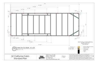 03A
24' California Cabin
Standard Plan Tiny SMART House
34025 Texas St SW
Albany, OR 97321
541-908-9066
www.tinysmarthouse.com
Note: This design is an original design and must not be released or
copied unless applicable fee has been paid. Use of these plans by any
other than Tiny SMART House or purchased from Tiny SMART House
releases and relieves TSH from any liability from their use thereof. Unless
stamped otherwise, these drawings have not been engineered and no
guarantee is made as their structural soundness. All dimensions and sizes
shown are subject to job site verification and adjustment to fit on site.
Trailer Anchor Bolts - 8' x 24'
Scale: 1/2" = 1'-0"
A3
1
Tie Downs Between 2x4 Studs
2x4 Bottom Plate
UnderLayment
Trailer
1/2" all thread
welded
to the trailer
1/2" galv. nut
1/2" lock washer
1/2" galv. plate
Wall Framing to Trailer Fastening
Specifications TYP.
Cross Section
Drawn by:
S. Maisel
6 5/8" 4'-6 5/8"
20'-6 5/8"
65/8"
65/8"
6 5/8"
4'-6 5/8"
16'-6 5/8"
20'-6 5/8"
65/8"65/8"
6 5/8"
8'-5 1/8"
12'-7 5/8"
14'-2 3/8"
6 5/8"
3'-53/8"
3'-31/2"
8'-5 7/8"
12'-7 5/8"
24'-0"
8'-0"
 