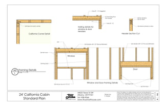 09A
24' California Cabin
Standard Plan Tiny SMART House
34025 Texas St SW
Albany, OR 97321
541-908-9066
www.tinysmarthouse.com
Note: This design is an original design and must not be released or
copied unless applicable fee has been paid. Use of these plans by any
other than Tiny SMART House or purchased from Tiny SMART House
releases and relieves TSH from any liability from their use thereof. Unless
stamped otherwise, these drawings have not been engineered and no
guarantee is made as their structural soundness. All dimensions and sizes
shown are subject to job site verification and adjustment to fit on site.
Framing DetailsA9
1
Scale: 1" = 1'-0"
California Corner Detail
2x4 Header with 1/2" Plywood Between
Window and Door Framing Details
2x4
2x4 Trim stud
2x4 King Stud
2x6 Header with 1/2" Ply wood Between
2x4 King Stud
2x4 Trim Stud
2x4 stay on lay out 16" O.C.
Door
Window
Nailing details for
window & door
Headers
Every 8" - 12" staggered
4-5 from King Stud
into header 2x4 for windows
2x6 for doors
Header Section Cut
Every 8" -12"
2x4 above window or door2x4 layout for each corner
Drawn by:
S. Maisel
 