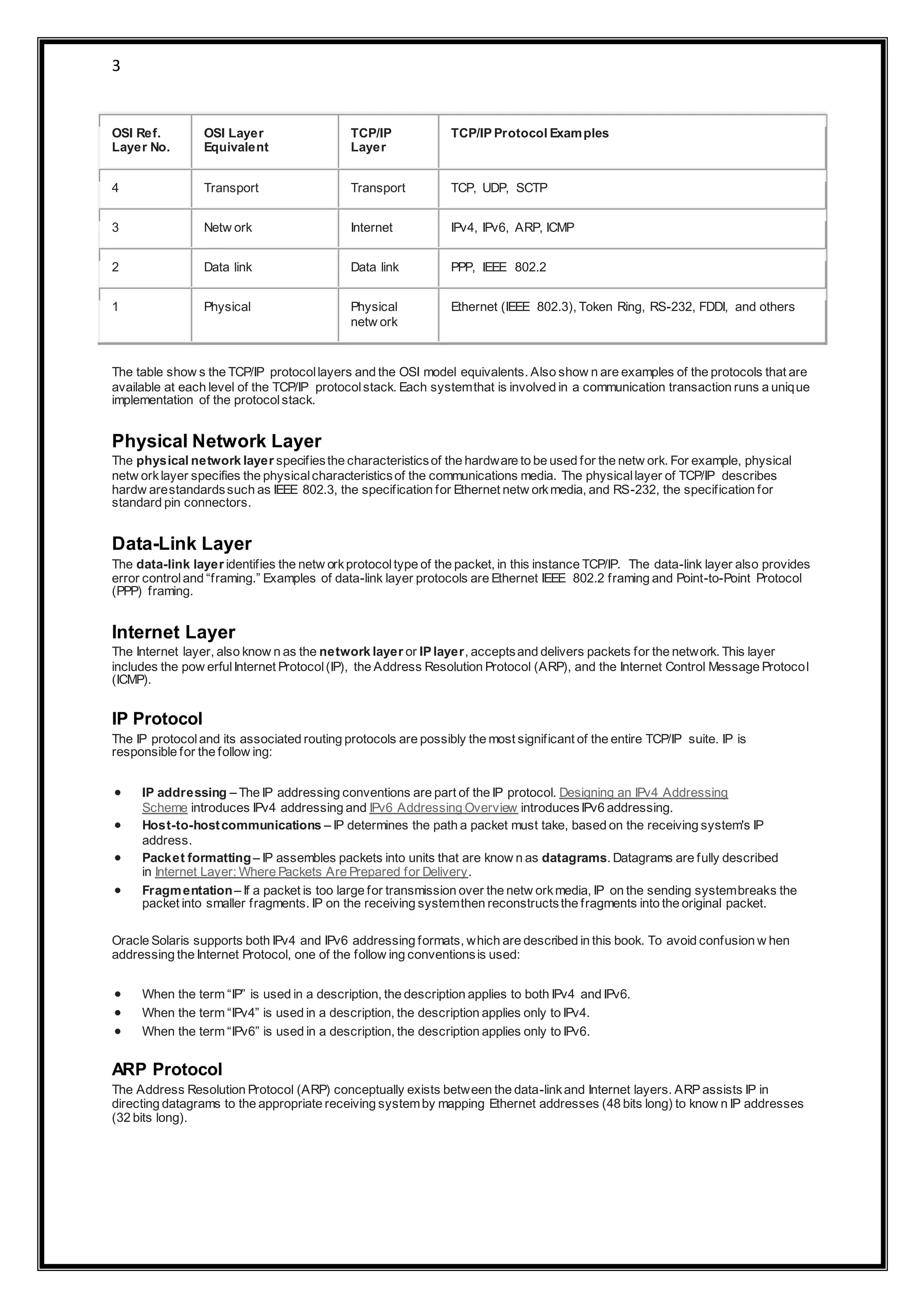3
OSI Ref.
Layer No.
OSI Layer
Equivalent
TCP/IP
Layer
TCP/IP Protocol Examples
4 Transport Transport TCP, UDP, SCTP
3 Netw ork Internet IPv4, IPv6, ARP, ICMP
2 Data link Data link PPP, IEEE 802.2
1 Physical Physical
netw ork
Ethernet (IEEE 802.3), Token Ring, RS-232, FDDI, and others
The table show s the TCP/IP protocollayers and the OSI model equivalents. Also show n are examples of the protocols that are
available at each level of the TCP/IP protocolstack. Each systemthat is involved in a communication transaction runs a unique
implementation of the protocolstack.
Physical Network Layer
The physical network layer specifiesthe characteristicsof the hardware to be used for the netw ork. For example, physical
netw orklayer specifies the physicalcharacteristicsof the communications media. The physicallayer of TCP/IP describes
hardw arestandardssuch as IEEE 802.3, the specification for Ethernet netw orkmedia, and RS-232, the specification for
standard pin connectors.
Data-Link Layer
The data-link layer identifies the netw orkprotocoltype of the packet, in this instance TCP/IP. The data-link layer also provides
error controland “framing.” Examples of data-link layer protocols are Ethernet IEEE 802.2 framing and Point-to-Point Protocol
(PPP) framing.
Internet Layer
The Internet layer, also know n as the network layer or IP layer, acceptsand delivers packets for the network. This layer
includes the pow erfulInternet Protocol(IP), the Address Resolution Protocol (ARP), and the Internet Control Message Protocol
(ICMP).
IP Protocol
The IP protocoland its associated routing protocols are possibly the most significant of the entire TCP/IP suite. IP is
responsible for the follow ing:
 IP addressing – The IP addressing conventions are part of the IP protocol. Designing an IPv4 Addressing
Scheme introduces IPv4 addressing and IPv6 Addressing Overview introducesIPv6 addressing.
 Host-to-hostcommunications – IP determines the path a packet must take, based on the receiving system's IP
address.
 Packet formatting– IP assembles packets into units that are know n as datagrams. Datagrams are fully described
in Internet Layer: Where Packets Are Prepared for Delivery.
 Fragmentation– If a packet is too large for transmission over the netw orkmedia, IP on the sending systembreaks the
packet into smaller fragments. IP on the receiving systemthen reconstructsthe fragments into the original packet.
Oracle Solaris supports both IPv4 and IPv6 addressing formats, which are described in this book. To avoid confusion w hen
addressing the Internet Protocol, one of the follow ing conventionsis used:
 When the term “IP” is used in a description, the description applies to both IPv4 and IPv6.
 When the term “IPv4” is used in a description, the description applies only to IPv4.
 When the term “IPv6” is used in a description, the description applies only to IPv6.
ARP Protocol
The Address Resolution Protocol (ARP) conceptually exists between the data-linkand Internet layers. ARP assists IP in
directing datagrams to the appropriate receiving systemby mapping Ethernet addresses (48 bits long) to know n IP addresses
(32 bits long).
 