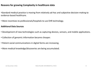16 December 2016 HEALTHCARE INFORMATICS, RVCE 8
Reasons for growing Complexity in healthcare data
•Standard medical practice is moving from relatively ad-hoc and subjective decision making to
evidence-based healthcare.
• More incentives to professionals/hospitals to use EHR technology.
Additional Data Sources
• Development of new technologies such as capturing devices, sensors, and mobile applications.
• Collection of genomic information became cheaper.
• Patient social communications in digital forms are increasing.
• More medical knowledge/discoveries are being accumulated.
 