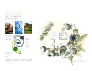 tree house dwelling units:
summer plan, perspective
urban ecology
WILD URBANISM
portland, oregon
human
habitat
reduces in
scale
as it
approaches
point of
interaction
core habitat
dissolves into
shared open
space
water is the
unifying element
where man and
nature meet
media: hand drawing, watercolor, adobe
illustrator, photoshop and indesign.
vectorworks
 