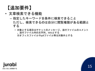 【追加要件】
• 文章検索できる機能
– 指定したキーワードを条件に検索できること
ただし、検索できるのは自分に閲覧権限がある範囲と
する
• 対象とする項目はチケットのメッセージ、添付ファイルのコメント
、添付ファイル内の文字列、Wikiとする
※オフィスファイルやpdfファイル等は対象外とする
15
 