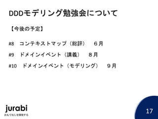 DDDモデリング勉強会について
【今後の予定】
#8 コンテキストマップ（総評） ６月
#9 ドメインイベント（講義） ８月
#10 ドメインイベント（モデリング） ９月
17
 