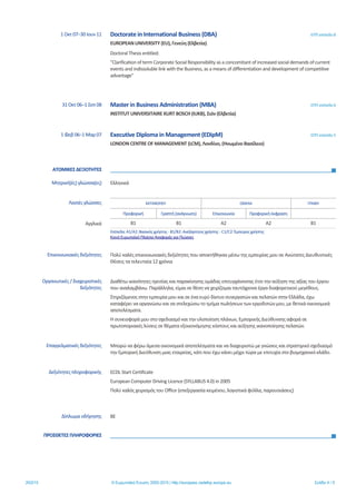 ΑΤΟΜΙΚΕΣ ΔΕΞΙΟΤΗΤΕΣ
ΠΡΟΣΘΕΤΕΣ ΠΛΗΡΟΦΟΡΙΕΣ
20/2/15 © Ευρωπαϊκή Ένωση, 2002-2015 | http://europass.cedefop.europa.eu Σελίδα 4 / 5
1 Οκτ 07–30 Ιουν 11 Doctorate in International Business (DBA) ΕΠΠ επίπεδο 8
EUROPEAN UNIVERSITY (EU), Γενεύη (Ελβετία)
Doctoral Thesis entitled:
"Clarification of term Corporate Social Responsibility as a concomitant of increased social demands of current
events and indissoluble link with the Business, as a means of differentiation and development of competitive
advantage"
31 Οκτ 06–1 Σεπ 08 Master in Business Administration (MBA) ΕΠΠ επίπεδο 6
INSTITUT UNIVERSITAIRE KURT BOSCH (IUKB), Σιόν (Ελβετία)
1 Φεβ 06–1 Μαρ 07 Executive Diploma in Management (EDipM) ΕΠΠ επίπεδο 5
LONDON CENTRE OF MANAGEMENT (LCM), Λονδίνο, (Ηνωμένο Βασίλειο)
Μητρική(ές) γλώσσα(ες) Ελληνικά
Λοιπές γλώσσες ΚΑΤΑΝΟΗΣΗ ΟΜΙΛΙΑ ΓΡΑΦΗ
Προφορική Γραπτή(ανάγνωση) Επικοινωνία Προφορική έκφραση
Αγγλικά B1 B1 A2 A2 B1
Επίπεδα:Α1/A2:Βασικόςχρήστης-Β1/B2:Ανεξάρτητοςχρήστης- C1/C2:Έμπειροςχρήστης
Κοινό Ευρωπαϊκό Πλαίσιο Αναφοράςγια Γλώσσες
Επικοινωνιακές δεξιότητες Πολύ καλές επικοινωνιακές δεξιότητες που αποκτήθηκαν μέσω της εμπειρίας μου σε Ανώτατες Διευθυντικές
Θέσεις τα τελευταία 12 χρόνια
Οργανωτικές / διαχειριστικές
δεξιότητες
Διαθέτω ικανότητες ηγεσίας και παρακίνησης ομάδας επιτυγχάνοντας έτσι την αύξηση της αξίας του έργου
που αναλαμβάνω. Παράλληλα, είμαι σε θέση να χειρίζομαι ταυτόχρονα έργα διαφορετικού μεγέθους.
Στηριζόμενος στην εμπειρία μου και σε ένα ευρύ δίκτυο συνεργατών και πελατών στην Ελλάδα, έχω
καταφέρει να οργανώσω και να στελεχώσω το τμήμα πωλήσεων των εργοδοτών μου, με θετικά οικονομικά
αποτελέσματα.
Η συνεισφορά μου στο σχεδιασμό και την υλοποίηση πλάνων, Εμπορικής Διεύθυνσης αφορά σε
πρωτοποριακές λύσεις σε θέματα εξοικονόμησης κόστους και αύξησης ικανοποίησης πελατών.
Επαγγελματικές δεξιότητες Μπορώ να φέρω άμεσα οικονομικά αποτελέσματα και να διαχειριστώ με γνώσεις και στρατηγικό σχεδιασμό
την Εμπορική Διεύθυνση μιας εταιρείας, κάτι που έχω κάνει μέχρι τώρα με επιτυχία στο βιομηχανικό κλάδο.
Δεξιότητες πληροφορικής ECDL Start Certificate
European Computer Driving Licence (SYLLABUS 4.0) in 2005
Πολύ καλός χειρισμός του Office (επεξεργασία κειμένου, λογιστικά φύλλα, παρουσιάσεις)
Δίπλωμα οδήγησης BE
 