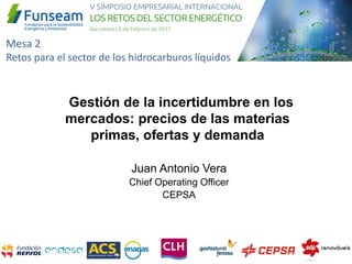 Juan Antonio Vera
Chief Operating Officer
CEPSA
Gestión de la incertidumbre en los
mercados: precios de las materias
primas, ofertas y demanda
Mesa 2
Retos para el sector de los hidrocarburos líquidos
 