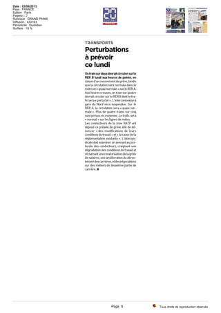 Tous droits de reproduction réservés
Date : 03/06/2013
Pays : FRANCE
Edition : Paris
Page(s) : 2
Rubrique : GRAND PARIS
Diffusion : 433163
Périodicité : Quotidien
Surface : 10 %
Page 9
 