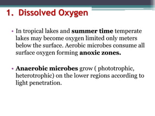 1. Dissolved Oxygen
• In tropical lakes and summer time temperate
lakes may become oxygen limited only meters
below the surface. Aerobic microbes consume all
surface oxygen forming anoxic zones.
• Anaerobic microbes grow ( phototrophic,
heterotrophic) on the lower regions according to
light penetration.
 