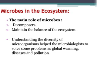 Microbes in the Ecosystem:
• The main role of microbes :
1. Decomposers.
2. Maintain the balance of the ecosystem.
• Understanding the diversity of
microorganisms helped the microbiologists to
solve some problems as global warming,
diseases and pollution.
 