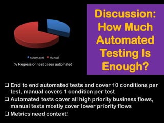  End to end automated tests and cover 10 conditions per
test, manual covers 1 condition per test
 Automated tests cover ...
