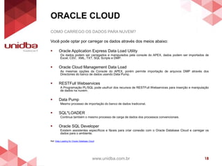 ORACLE CLOUD
www.unidba.com.br 18
COMO CARREGO OS DADOS PARA NUVEM?
Você pode optar por carregar os dados através dos meios abaixo:
 Oracle Application Express Data Load Utility
Os dados podem ser carregados e manipulados pela console do APEX, dados podem ser importados de
Excel, CSV, XML, TXT, SQL Scripts e DMP.
 Oracle Cloud Management Data Load
As mesmas opções da Console do APEX, porém permite importação de arquivos DMP através dos
Directories do banco de dados usando Data Pump.
 RESTFull Webservices
A Programação PL/SQL pode usufruir dos recursos de RESTFull Webservices para inserção e manipulação
de dados na nuvem.
 Data Pump
Mesmo processo de importação do banco de dados tradiconal.
 SQL*LOADER
Continua também o mesmo processo de carga de dados dos processos convencionais.
 Oracle SQL Developer
Existem assistentes específicos e fáceis para criar conexão com o Oracle Database Cloud e carregar os
dados para o ambiente.
Ref: Data Loading for Oracle Database Cloud
 