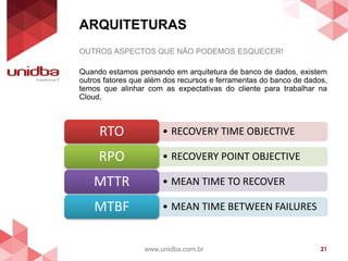 ARQUITETURAS
www.unidba.com.br 21
OUTROS ASPECTOS QUE NÃO PODEMOS ESQUECER!
Quando estamos pensando em arquitetura de banco de dados, existem
outros fatores que além dos recursos e ferramentas do banco de dados,
temos que alinhar com as expectativas do cliente para trabalhar na
Cloud.
• RECOVERY TIME OBJECTIVERTO
• RECOVERY POINT OBJECTIVERPO
• MEAN TIME TO RECOVERMTTR
• MEAN TIME BETWEEN FAILURESMTBF
 