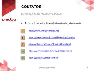 CONTATOS
www.unidba.com.br 28
MUITO OBRIGADO PELA PARTICIPAÇÃO!
 Todos os documentos de referência estão disponíveis no site.
http://www.rodrigoalmeida.net
https://www.facebook.com/BlogRodrigoAlmeida
https://plus.google.com/RodrigoAlmeidanet
https://www.linkedin.com/in/rodrigoalmeida
https://twitter.com/dbarodrigo
 