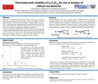 Thermodynamic Stability of Li4Ti5O12 for Use at Anodes of
Lithium Ion Batteries
Deniz Cetin1, Keping Hua2, and Srikanth Gopalan1,2
1Division of Materials Science and Engineering, Boston University, 15 Saint Mary’s Street, Brookline, MA 02446
2Department of Mechanical Engineering, Boston University, 110 Cummington Mall, Boston, MA 02215
Abstract
Experimental
Conclusions
Formation of solid electrolyte interphase (SEI) increases the cell internal
impedance and reduces the charge rates in lithium ion batteries (LIB) and
causes significant cell performance limitations. Lithium titanate, Li4Ti5O10 ,
(LTO) is a promising lithium storage material for anodes that does not form SEI,
but it suffers from poor charge and discharge rates which arise from low
lithium ion and electron conductivity at operation temperatures.
In order to improve the performance of the LIB anode, ionic and electronic
conductivities should be enhanced. We present in this work to test the stability
of LTO in molten salt media. In this work, materials will be synthesized at
temperatures higher than 800°C by solid state reaction and their
thermodynamic stabilities will be investigated in molten salt media.
Future Work
Reaction mechanism involves:
1)Dissolution of constituents 2)Reaction of the constituents in solution
3)Precipitation of final compounds upon exceeding solubility limit
Method
Transport through molten salts is typically orders of magnitude faster compared to
solid-state diffusion. Thus, the kinetics of reactions in a molten salt mixture are also
orders of magnitude faster compared to solid-state processes, and this facilitates the
synthesis of various compounds. Reverse reactions are also expected to be rapid in
molten salt media. That is, if a given compound is thermodynamically unstable, its
decomposition into constituent oxides is expected to be equally rapid in molten salts.
Single Phase Material
(High T Calcination)
molten salt
air
?
?
Precursors
molten salt
air
?
?
The precursors of LTO, that are lithium
carbonate and titanium dioxide, are reacted
in LiCl-KCl molten salt media for 8h at
450°C. Shown on the left is the XRD
pattern of the final product after washing
away the molten salt media. Peaks of
Li2TiO3 and the excess TiO2 are present in
the final product.
Figure2: XRD pattern of the final product after molten salt exposure of the precursors.
Precursors, lithium carbonate and titanium dioxide, do not readily form LTO at
temperatures lower than 600⁰C. In a molten salt medium maintained at
temperatures higher than 600⁰C, synthesis of LTO may be faster than solid
state reaction.
• Formation of LTO will be repeated at temperatures higher than 600⁰C.
References
I, Veljković, Poleti D, Karanović Lj, Zdujić M, and Branković G. 2011. Solid state synthesis of extra phase-pure
Li4Ti5O12 spinel. Science of Sintering 43, (3): 343-351
Discussion
Veljković et al. defines the following reaction mechanism for formation of LTO from its
precursors of lithium carbonate, Li2CO3, and titanium dioxide, TiO2.
According to the reaction mechanism shown above, formation of an intermediate
product, Li2TiO3, occurs between 400-600 ⁰C before forming LTO from its precursors.
Since the molten salt experiment is being performed at around 400⁰C, about 30⁰C
above the LiCl-KCl eutectic temperature, obtaining this intermediate product as a
result of the molten salt test is expected.
Figure1:: Schematic of the possible results of the molten salt experiment.
 