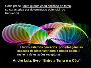 Cada prece, tanto quanto cada emissão de força,
se caracteriza por determinado potencial de
frequencia...

...e todos estamos cercados por inteligências
capazes de sintonizar com o nosso apelo, à
maneira de estações receptoras.

 