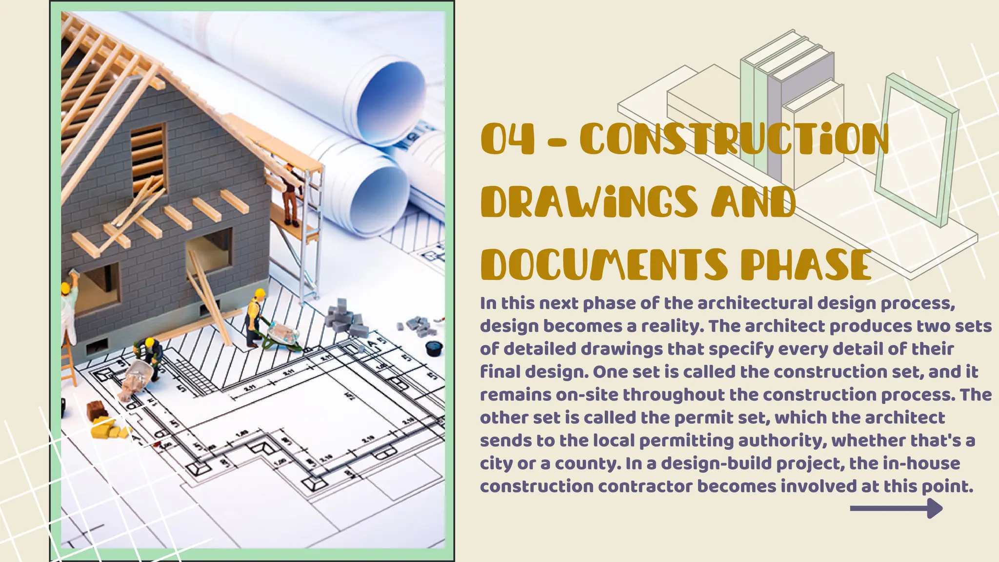 04 – Construction
drawings and
documents phase
In this next phase of the architectural design process,
design becomes a reality. The architect produces two sets
of detailed drawings that specify every detail of their
final design. One set is called the construction set, and it
remains on-site throughout the construction process. The
other set is called the permit set, which the architect
sends to the local permitting authority, whether that's a
city or a county. In a design-build project, the in-house
construction contractor becomes involved at this point.
 