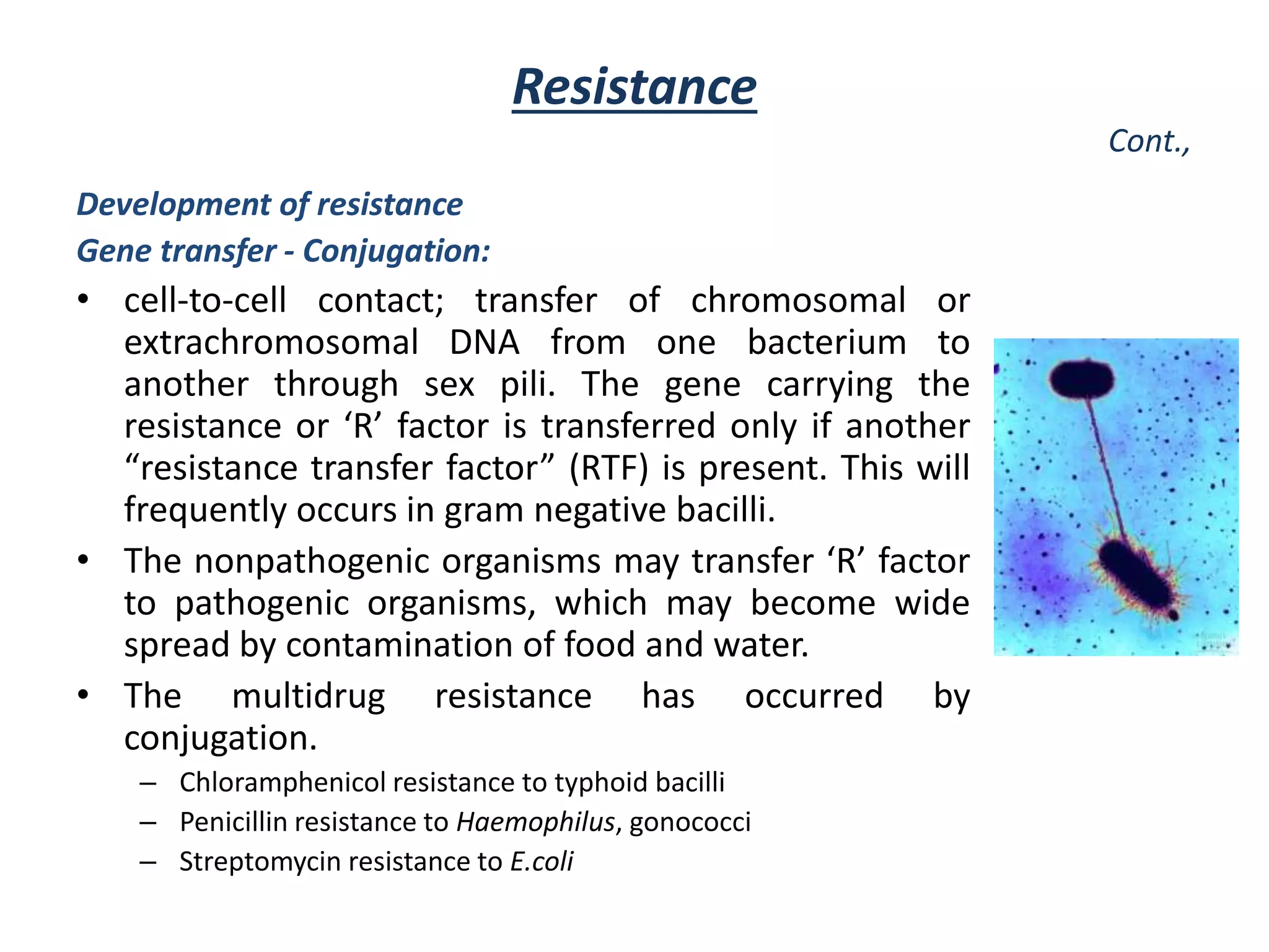 Development of resistance
Gene transfer - Conjugation:
• cell-to-cell contact; transfer of chromosomal or
extrachromosomal DNA from one bacterium to
another through sex pili. The gene carrying the
resistance or ‘R’ factor is transferred only if another
“resistance transfer factor” (RTF) is present. This will
frequently occurs in gram negative bacilli.
• The nonpathogenic organisms may transfer ‘R’ factor
to pathogenic organisms, which may become wide
spread by contamination of food and water.
• The multidrug resistance has occurred by
conjugation.
– Chloramphenicol resistance to typhoid bacilli
– Penicillin resistance to Haemophilus, gonococci
– Streptomycin resistance to E.coli
Resistance
Cont.,
 
