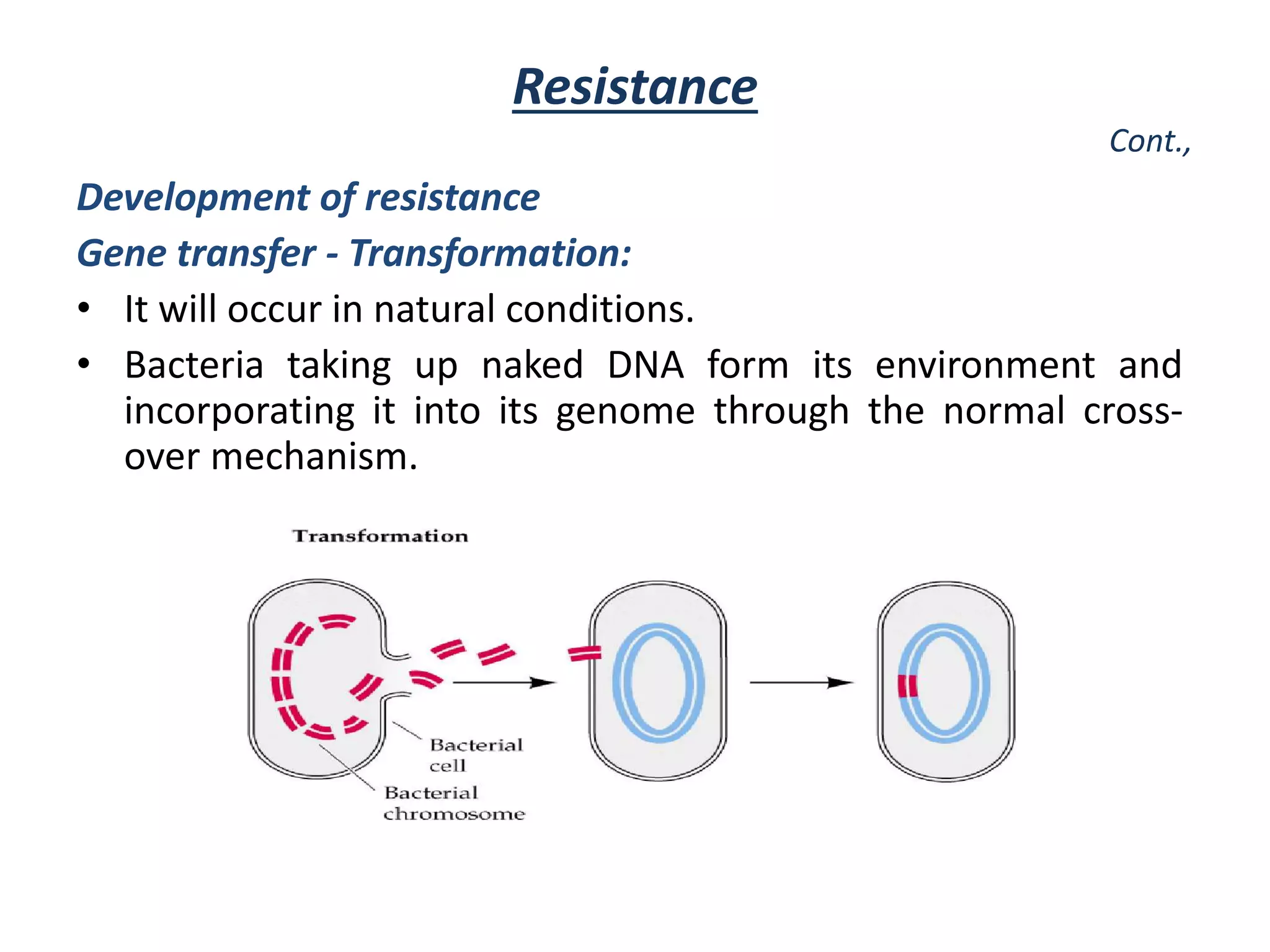 Development of resistance
Gene transfer - Transformation:
• It will occur in natural conditions.
• Bacteria taking up naked DNA form its environment and
incorporating it into its genome through the normal cross-
over mechanism.
Resistance
Cont.,
 