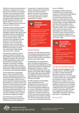 Australian Volunteers for International Development
is an Australian Government initiative.
Fiji Red Cross aimed to decentralise its
operations, enabling its branches to
become first responders to a disaster,
with their own pre-positioned relief
supplies and trained response teams.
Initial AVID assignments focussed on
strengthening links between national
disaster management teams and
branch offices, to ensure a more
efficient, targeted and well-resourced
response to future disasters.
Subsequent AVID volunteers, placed
across the national head office as
well as provincial branches, helped
strengthen networks with agencies like
the National Disaster Management
Office, thus improving coordination
and increasing resources. AVID
volunteers also redesigned training
programs for Fiji Red Cross local
volunteers, thus increasing their
capacity to assess a community’s
geographic and social vulnerabilities,
identify practical ways to reduce
risks, and conduct initial damage
assessments after a disaster.
Once branches reported increased
capacity to prepare for disasters, our
focus shifted to ensuring they had the
workforce to respond. The next round
of AVID assignments focussed on the
recruitment and retention of local
volunteers. An increase in volunteer
numbers not only enables a stronger
response to disasters, but also increases
the branches’ ability to be self-sufficient,
as volunteers drive fundraising initiatives.
As the Labasa Branch Coordinator
reports: “Since I joined the Fiji Red
Cross, the Labasa branch was one of
the poorest performing branches in Fiji.
Just two days [ago], I went to Suva to
attend a branches meeting and I made a
presentation on our branch, and for the
first time I felt that the branch has really
pulled up its socks and improved a lot.
So much that we can be counted as one
of the best performing branches in Fiji.
The [AVID] volunteer has helped us to
value the small things and to improve
our work by making small changes.”
Over three years, the cumulative
placement of AVID volunteers within
Fiji Red Cross has led to significant
improvements in capacity to deliver
disaster preparedness and response
services at a community level;
greater recruitment and retention
of local volunteers; and increased
community ownership of disaster
preparedness initiatives.
Disaster
management
in Fiji
•	 Coordination between national
and local Red Cross teams
•	 Networks between Red Cross
and government disaster
management agencies
•	 Increased recruitment and
retention of volunteers
•	 New training programs for
volunteers
Example 2: Bhutan
In Bhutan, the AVID program partners
with Drukgyel Lower Secondary School
and Changangkha Middle Secondary
School to make education accessible to
students with special needs.
Although highly committed to their
work, most special needs teachers in
Bhutan lack formal qualifications and few
opportunities exist for their professional
development. Therefore, an initial
focus for AVID assignments was to help
teachers increase their skills in engaging
with children with special needs, while
also adapting the school curriculum to
align with new requirements set by the
Ministry of Education.
An AVID assignment with Drukgyel
Lower Secondary led to the
development of the country’s first
Deaf Education Teacher’s Manual.
The manual collected strategies and
curriculum modifications introduced
during the course of the volunteer’s
assignment. The Deaf Unit staff now
use the manual to design lesson plans
appropriate to their students’ abilities.
The school principal reports that staff
are now more comfortable addressing
issues of disability.
Changangkha Middle Secondary
has limited access to professional
assistance in dealing with psychological
and behavioural issues for both
its mainstream and special needs
students. An AVID volunteer at this
school helped introduce individualised
education plans; through collaboration
with other AVID volunteers, these
plans are now standard in all special
education schools. Future assignments
at this school, including a school
psychologist and a speech therapist,
will build on these achievements and
increase capacity to recognise and
respond to children with special needs
at an earlier stage.
Accessible
education in
Bhutan
•	 Deaf education teacher’s
manual
•	 School curriculum modified to
support deaf students
•	 Individualised education plans
for students
•	 Staff more comfortable
addressing disability issues
The value of a cumulative approach
Through sustained engagement with
strategic partners, the AVID program
can make an impact that goes far
beyond the outcomes of a single
volunteer assignment. This can happen
in a planned way, with a clear pathway
for volunteers to work in different
departments or program areas; or in
an organic way, where each volunteer
assignment informs the one to follow.
The collaboration between volunteers
at different levels of an organisation
is itself a strong value add. This long-
term engagement enables partner
organisations to develop at their own
pace and in a sustainable way.
December 2014
 