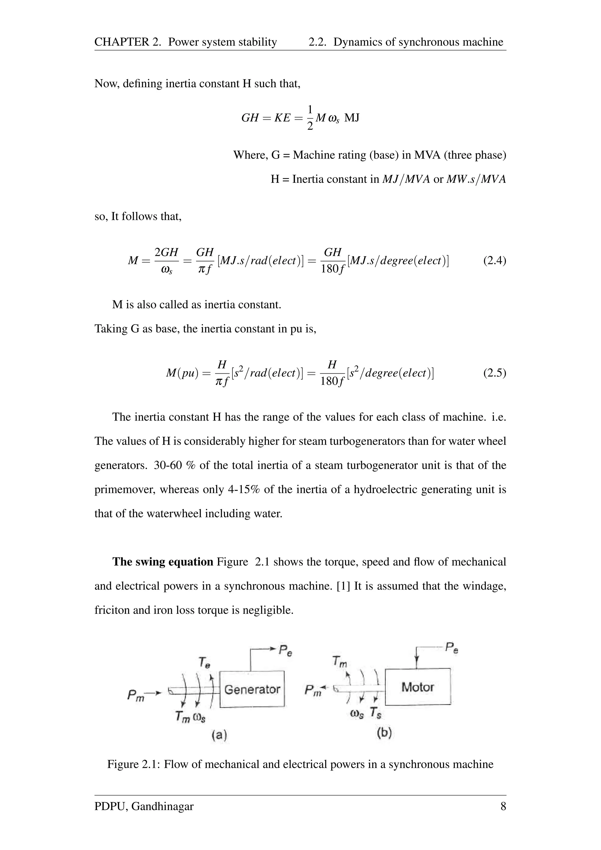 CHAPTER 2. Power system stability 2.2. Dynamics of synchronous machine
Now, deﬁning inertia constant H such that,
GH = KE =
1
2
M ωs MJ
Where, G = Machine rating (base) in MVA (three phase)
H = Inertia constant in MJ/MVA or MW.s/MVA
so, It follows that,
M =
2GH
ωs
=
GH
π f
[MJ.s/rad(elect)] =
GH
180f
[MJ.s/degree(elect)] (2.4)
M is also called as inertia constant.
Taking G as base, the inertia constant in pu is,
M(pu) =
H
π f
[s2
/rad(elect)] =
H
180f
[s2
/degree(elect)] (2.5)
The inertia constant H has the range of the values for each class of machine. i.e.
The values of H is considerably higher for steam turbogenerators than for water wheel
generators. 30-60 % of the total inertia of a steam turbogenerator unit is that of the
primemover, whereas only 4-15% of the inertia of a hydroelectric generating unit is
that of the waterwheel including water.
The swing equation Figure 2.1 shows the torque, speed and ﬂow of mechanical
and electrical powers in a synchronous machine. [1] It is assumed that the windage,
friciton and iron loss torque is negligible.
Figure 2.1: Flow of mechanical and electrical powers in a synchronous machine
PDPU, Gandhinagar 8
 
